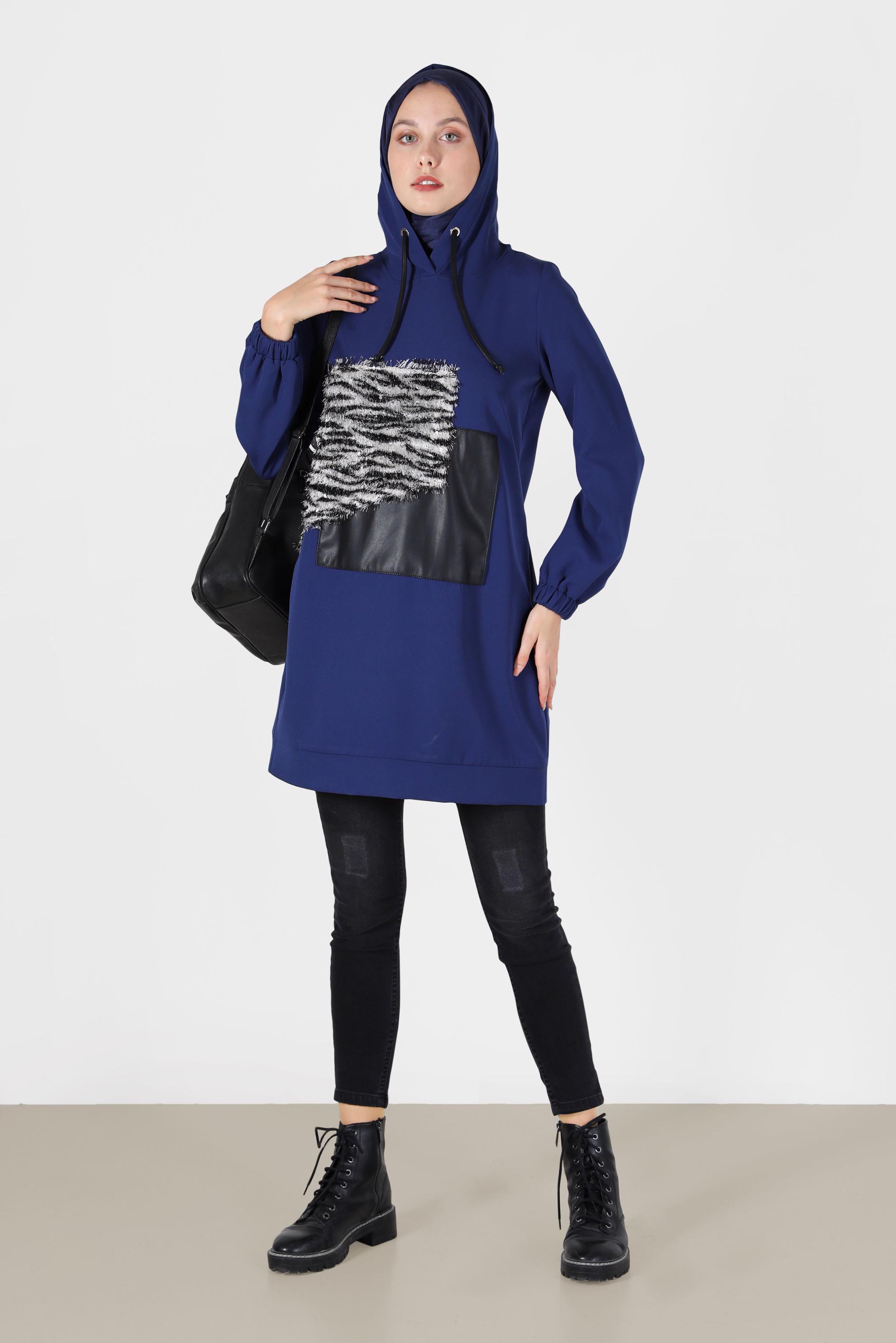 Tesettür giyim LACİVERT LEOPAR DESEN DETAYLI MANŞETLERİ LASTİKLİ TUNİK 42218 