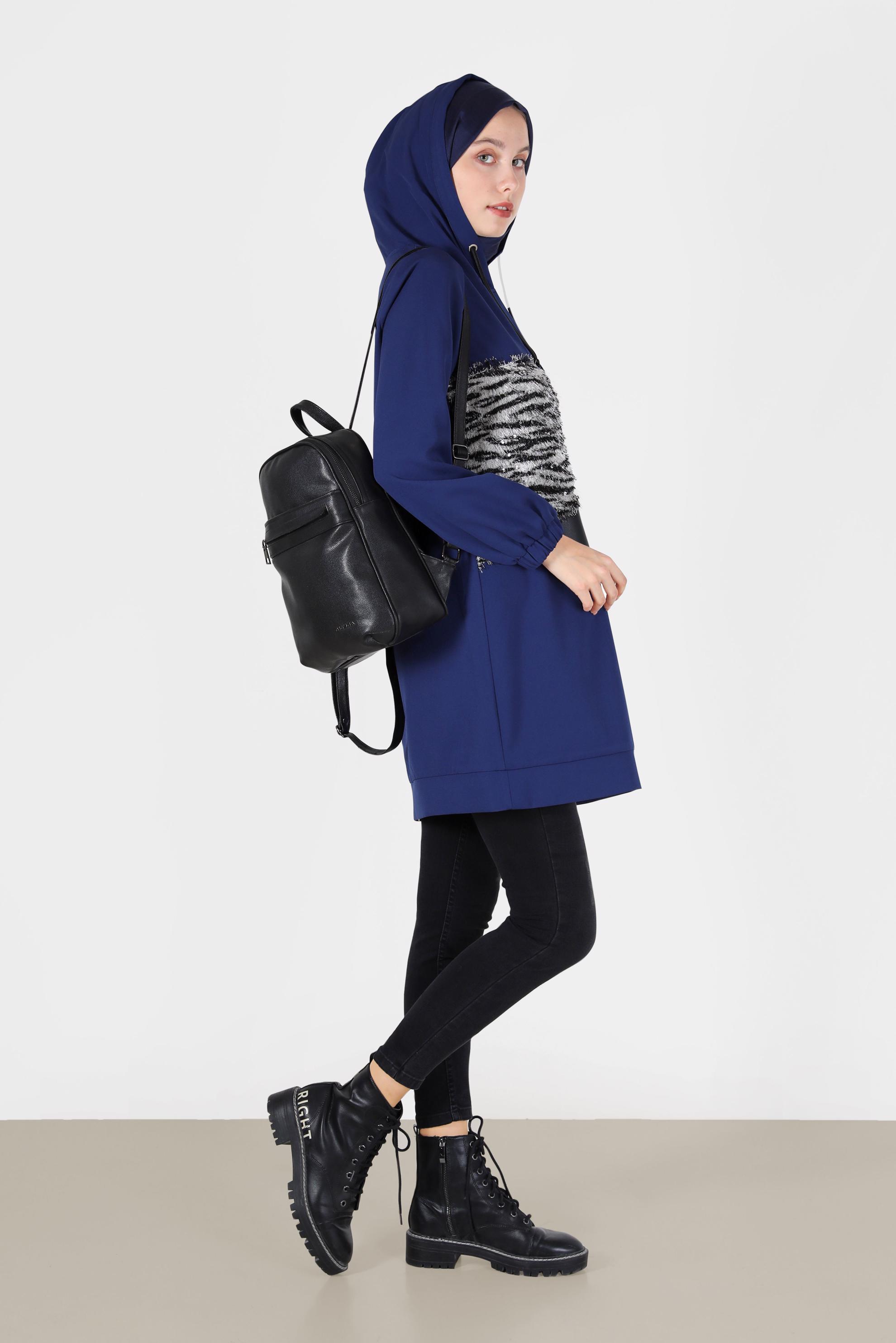 Tesettür giyim LACİVERT LEOPAR DESEN DETAYLI MANŞETLERİ LASTİKLİ TUNİK 42218 