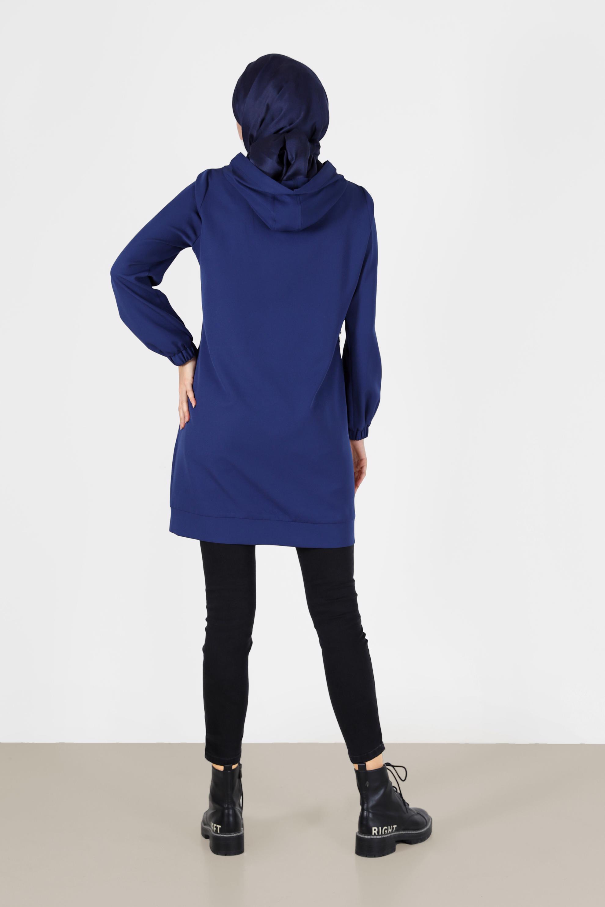 Tesettür giyim LACİVERT LEOPAR DESEN DETAYLI MANŞETLERİ LASTİKLİ TUNİK 42218 