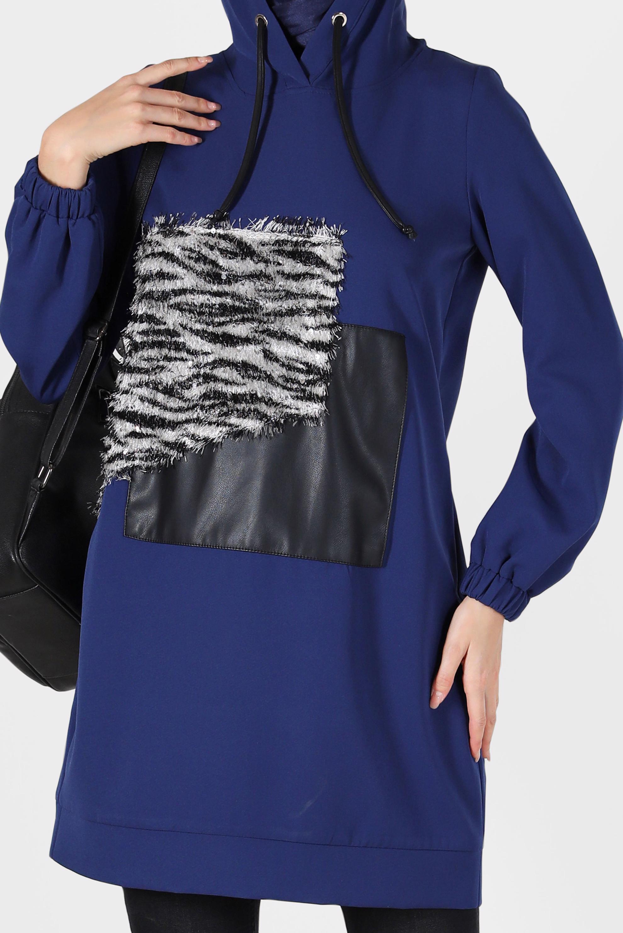 Tesettür giyim LACİVERT LEOPAR DESEN DETAYLI MANŞETLERİ LASTİKLİ TUNİK 42218 