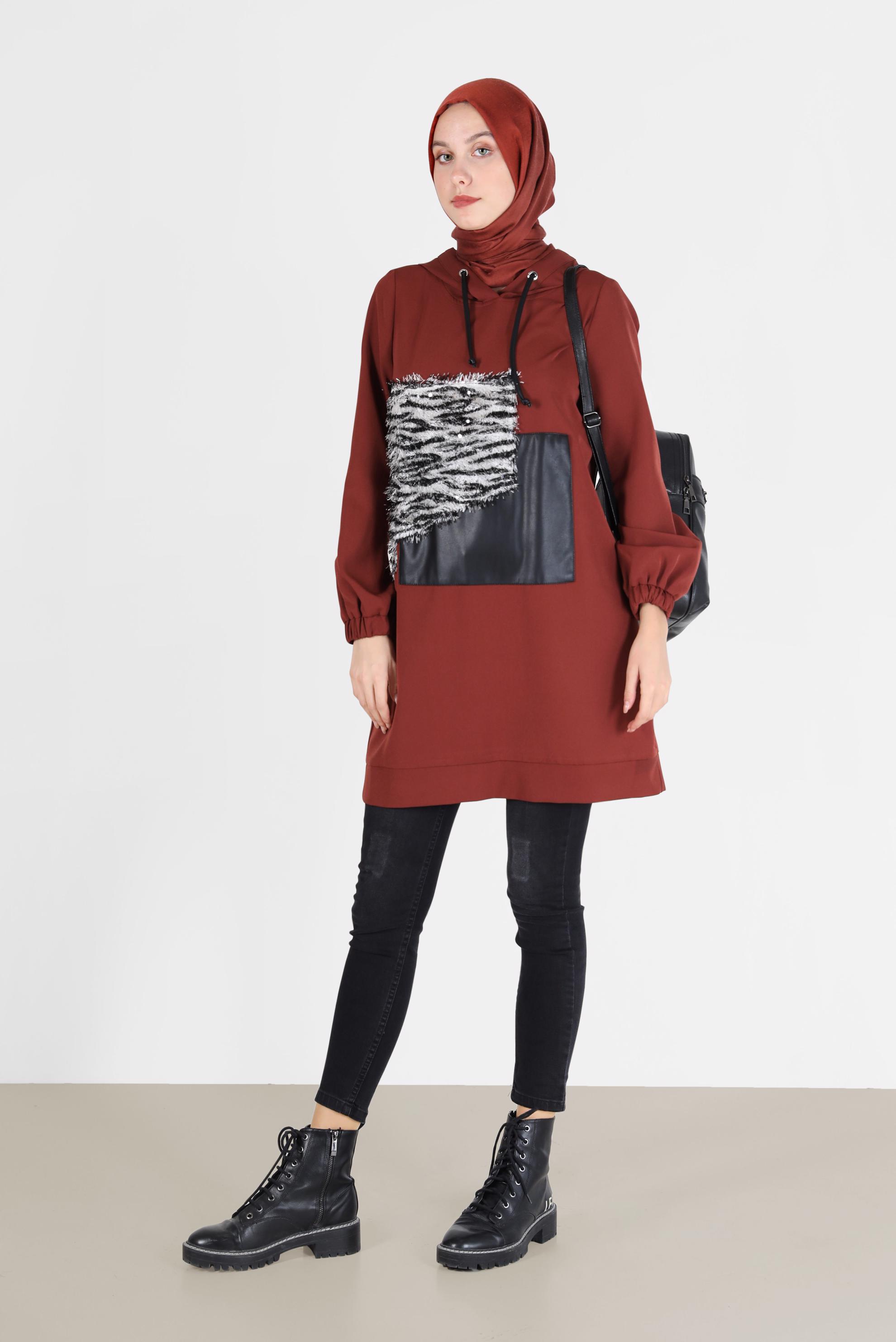 Tesettür giyim KAHVE LEOPAR DESEN DETAYLI MANŞETLERİ LASTİKLİ TUNİK 42218 