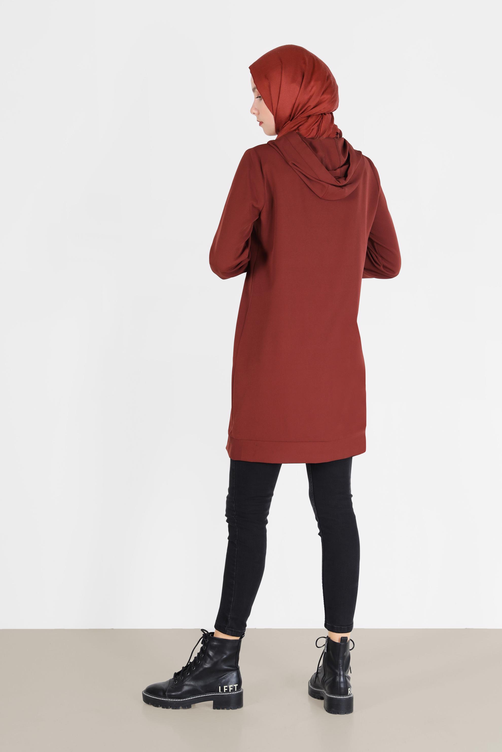 Tesettür giyim KAHVE LEOPAR DESEN DETAYLI MANŞETLERİ LASTİKLİ TUNİK 42218 