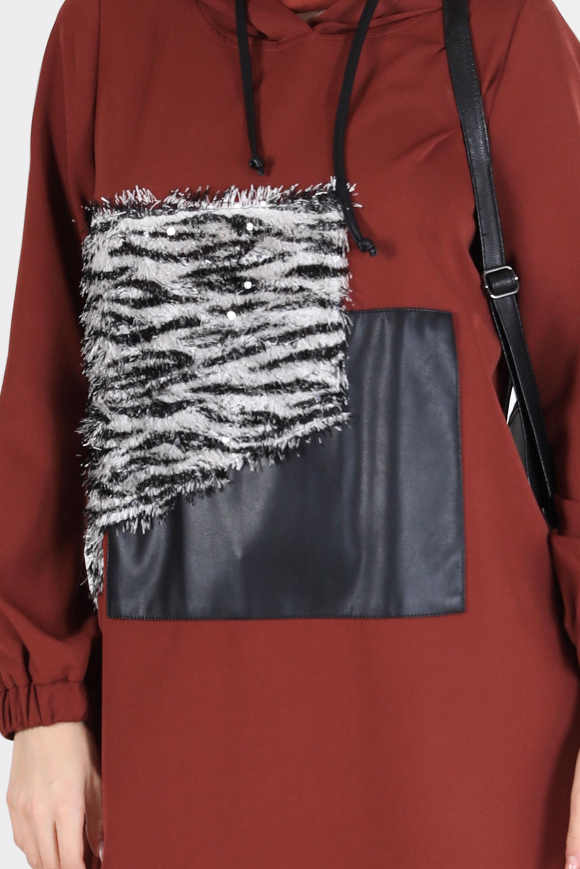 Tesettür giyim KAHVE LEOPAR DESEN DETAYLI MANŞETLERİ LASTİKLİ TUNİK 42218 