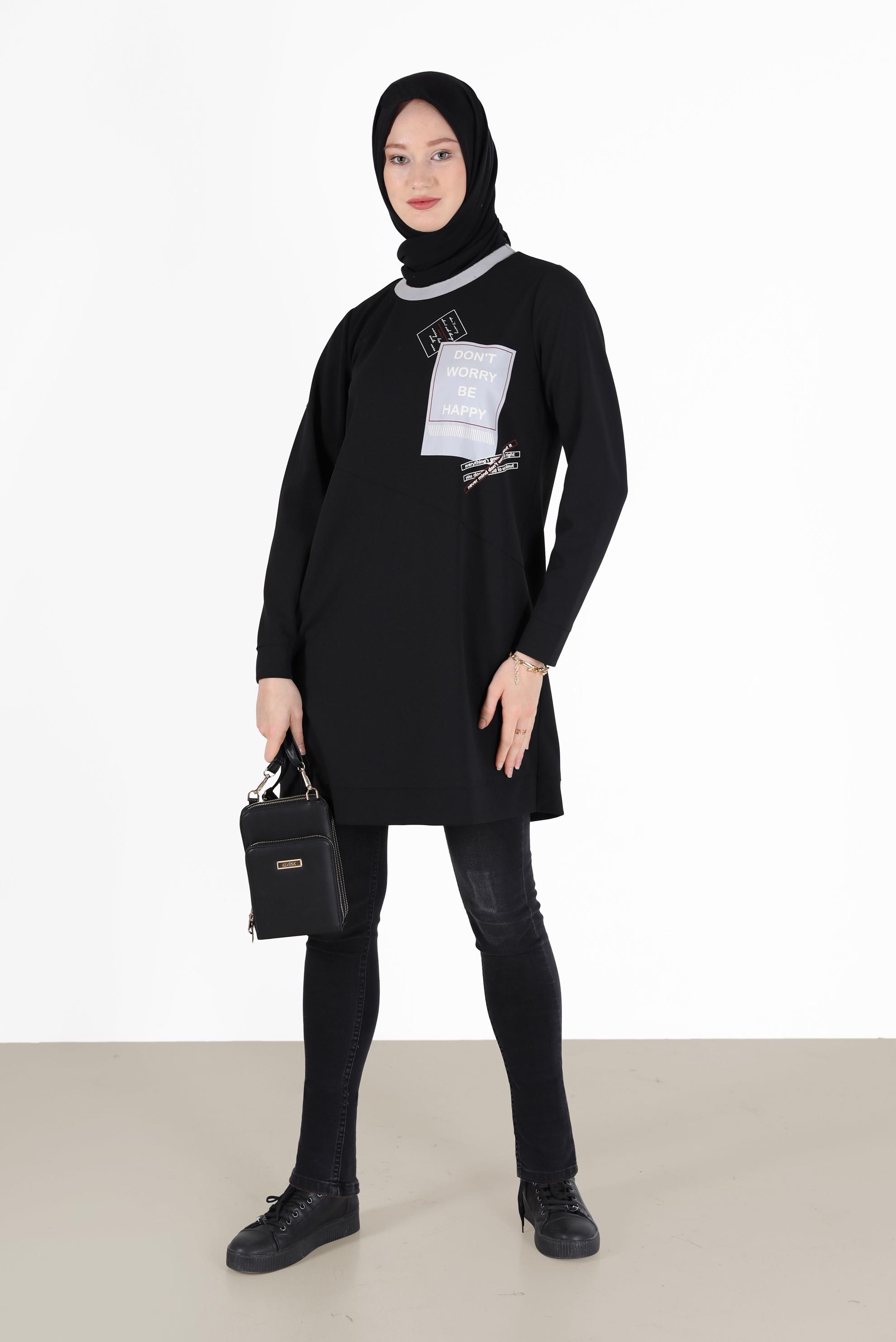 Tesettür giyim SİYAH YAZI BASKILI TUNİK 42224	