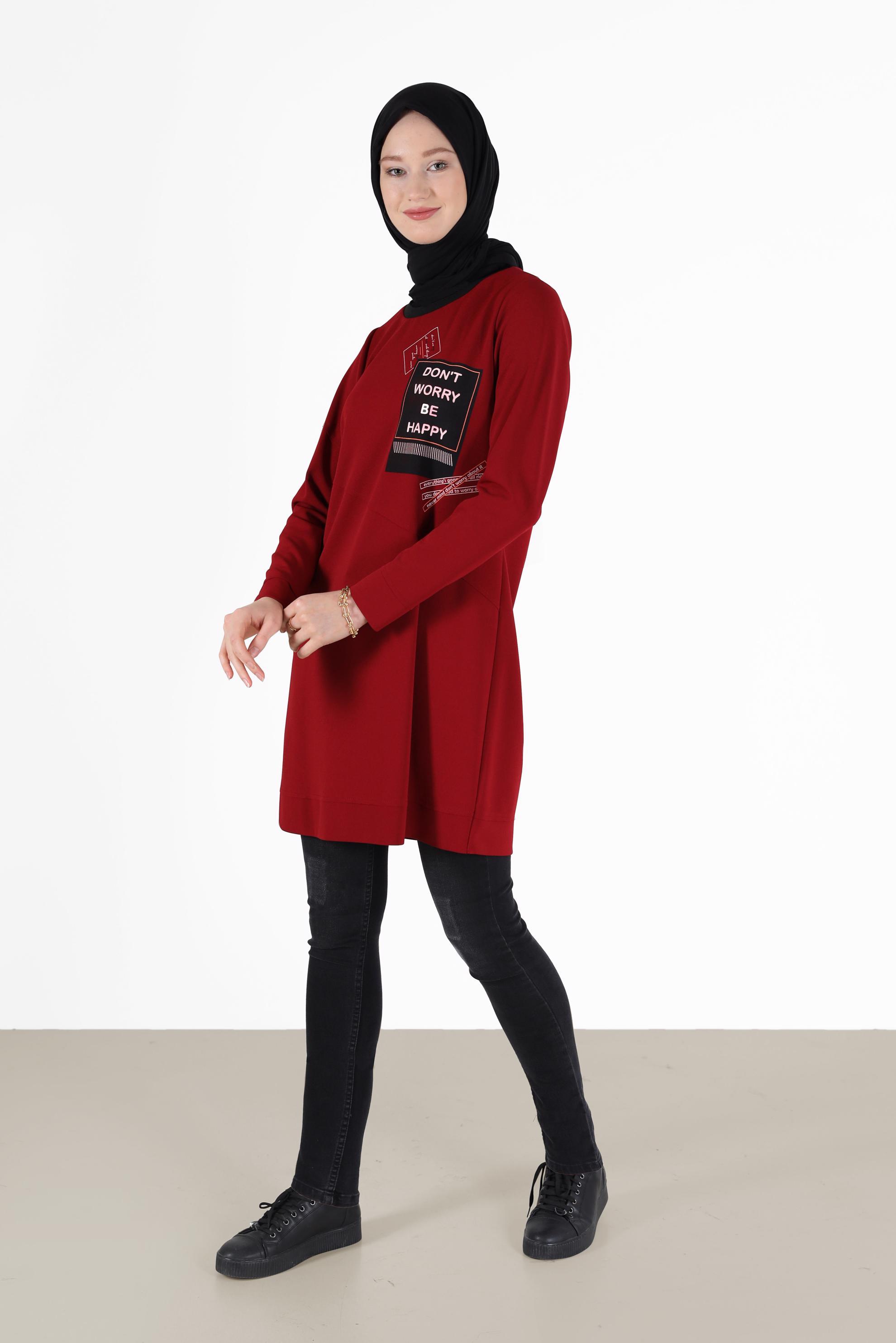 Tesettür giyim KIRMIZI YAZI BASKILI TUNİK 42224	