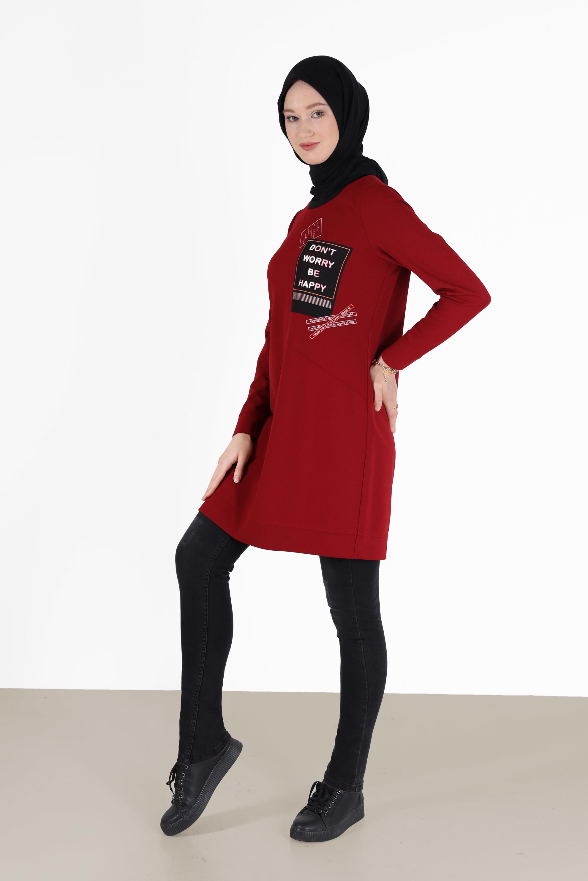 Tesettür giyim KIRMIZI YAZI BASKILI TUNİK 42224	