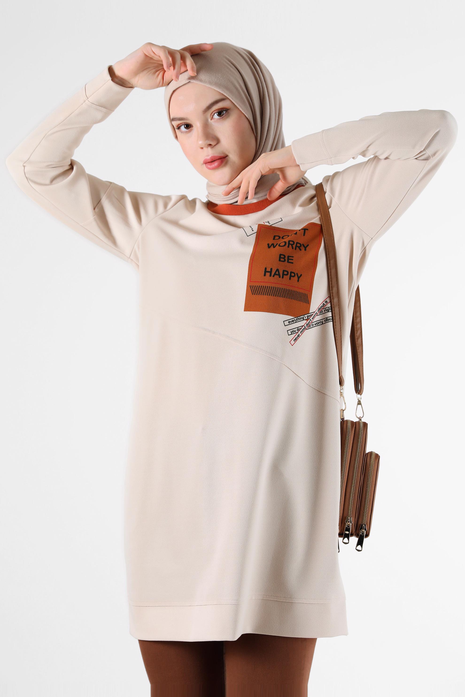 Tesettür giyim EKRU YAZI BASKILI TUNİK 42224	