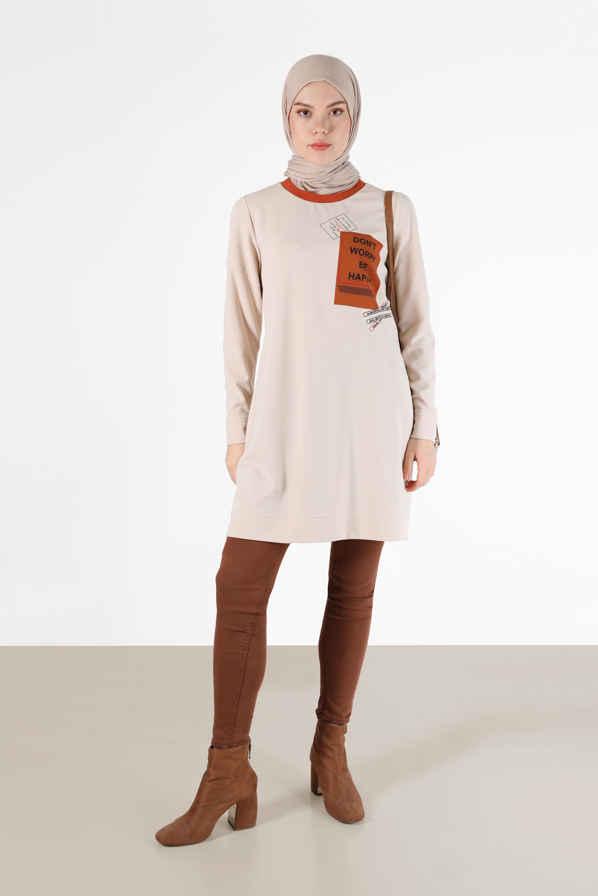 Tesettür giyim EKRU YAZI BASKILI TUNİK 42224	