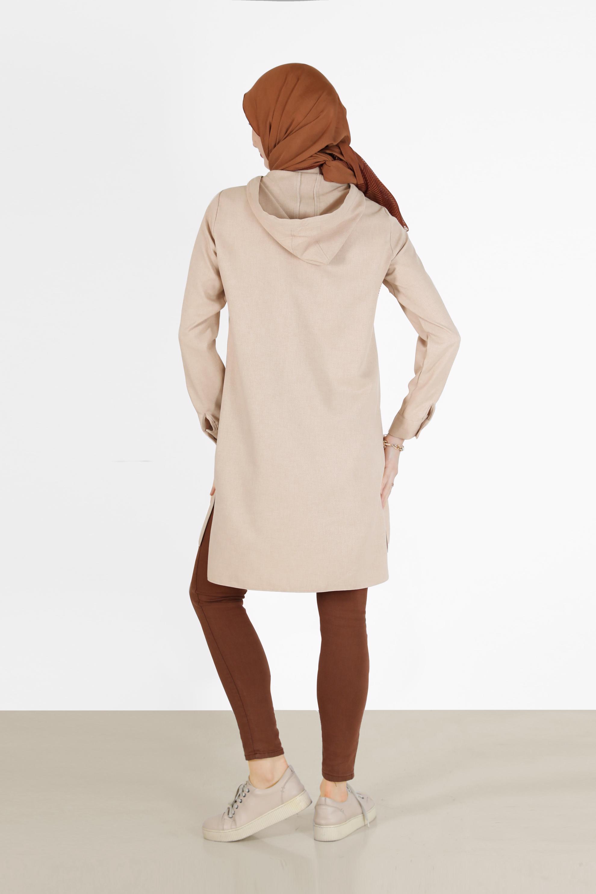 Tesettür giyim BEJ CEP DETAYLI KAPÜŞONLU TUNİK 42225 
