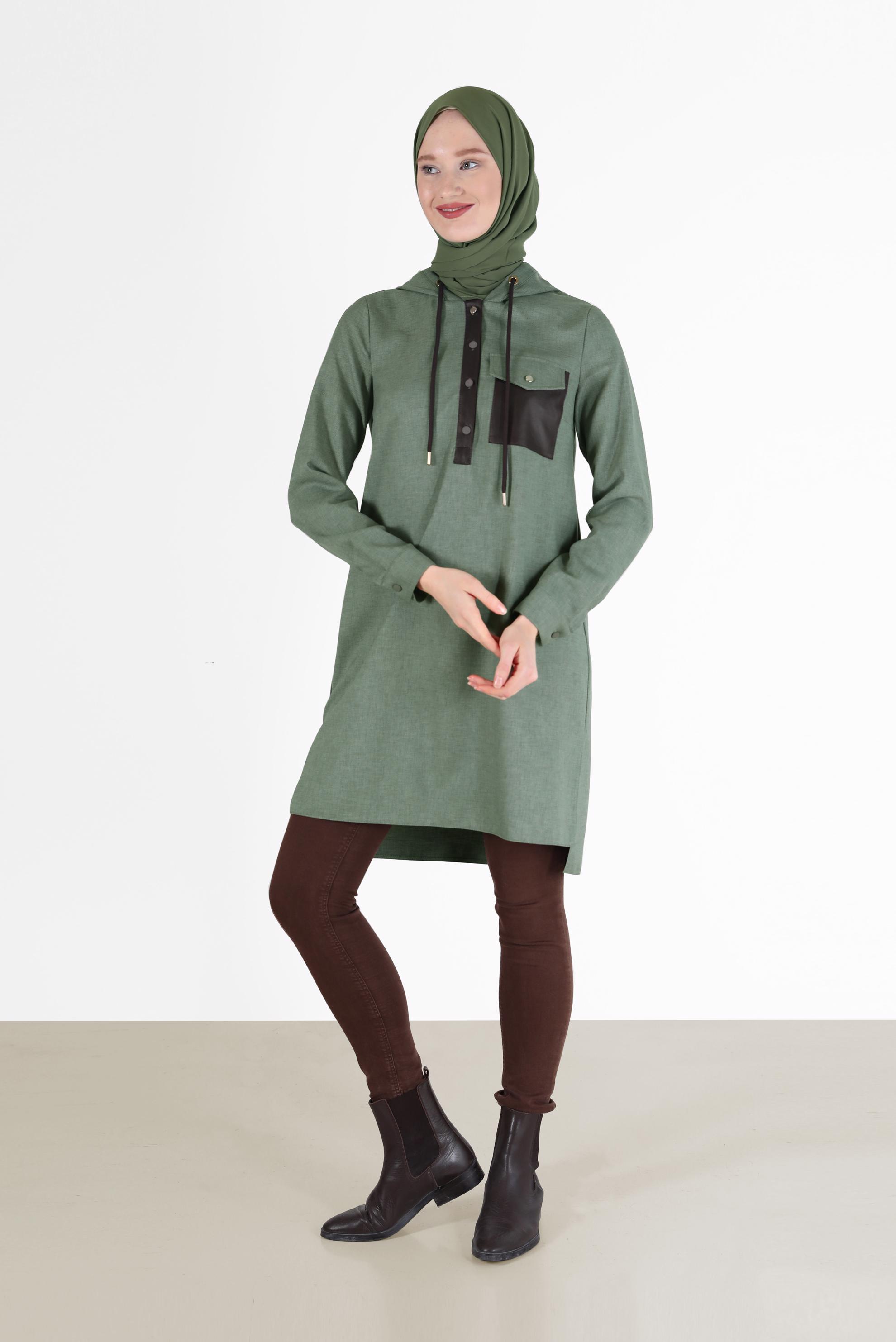 Tesettür giyim HAKİ CEP DETAYLI KAPÜŞONLU TUNİK 42225 
