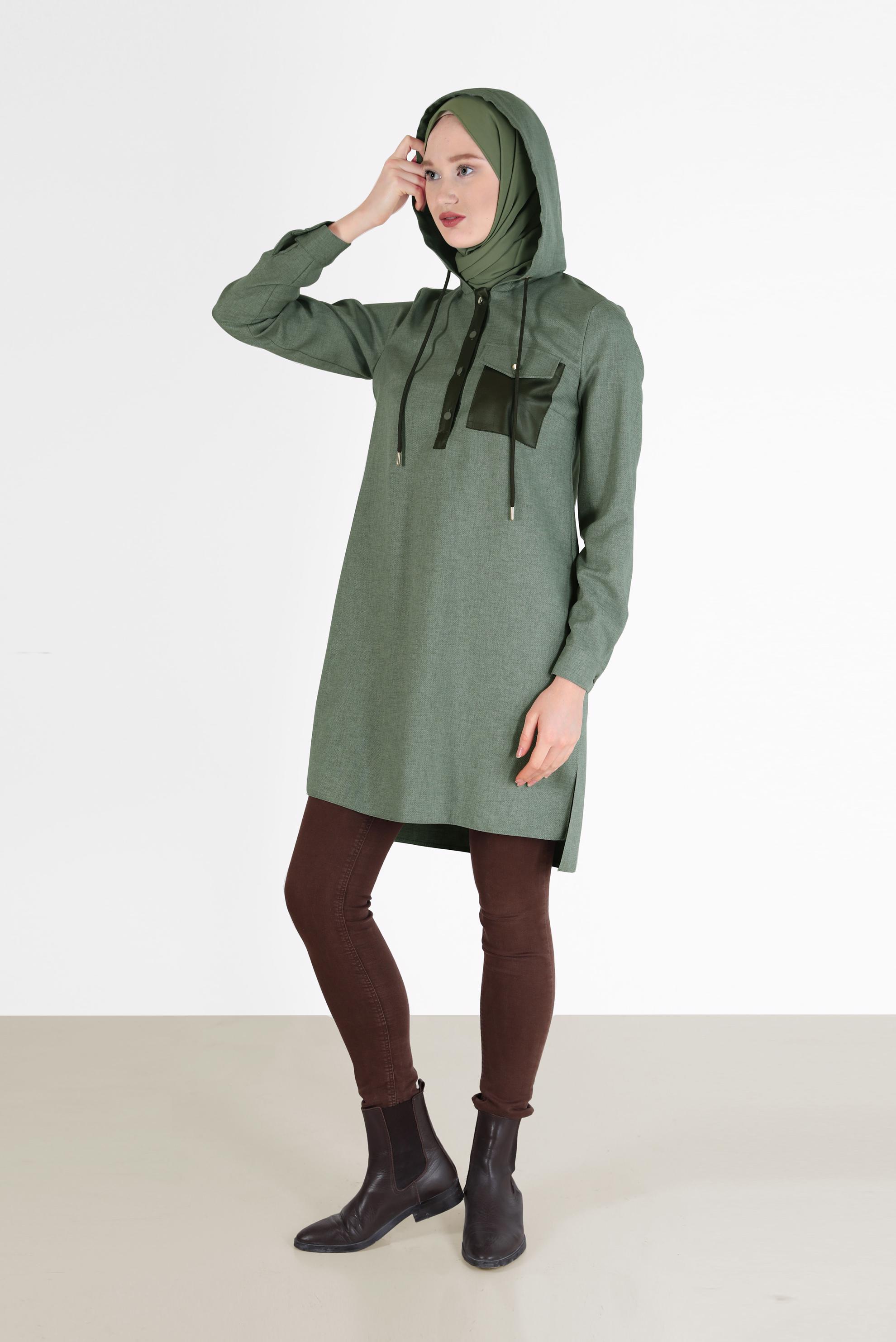 Tesettür giyim HAKİ CEP DETAYLI KAPÜŞONLU TUNİK 42225 