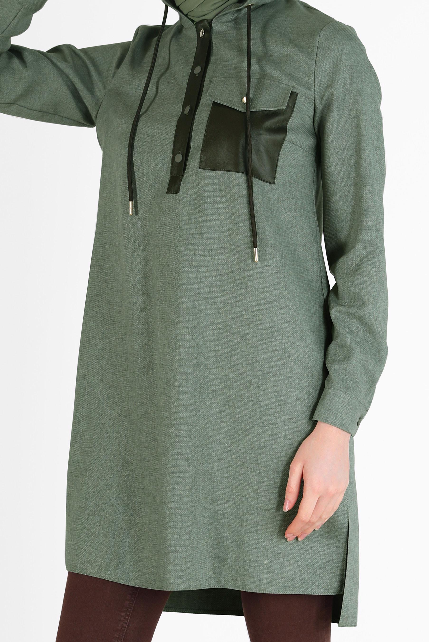 Tesettür giyim HAKİ CEP DETAYLI KAPÜŞONLU TUNİK 42225 