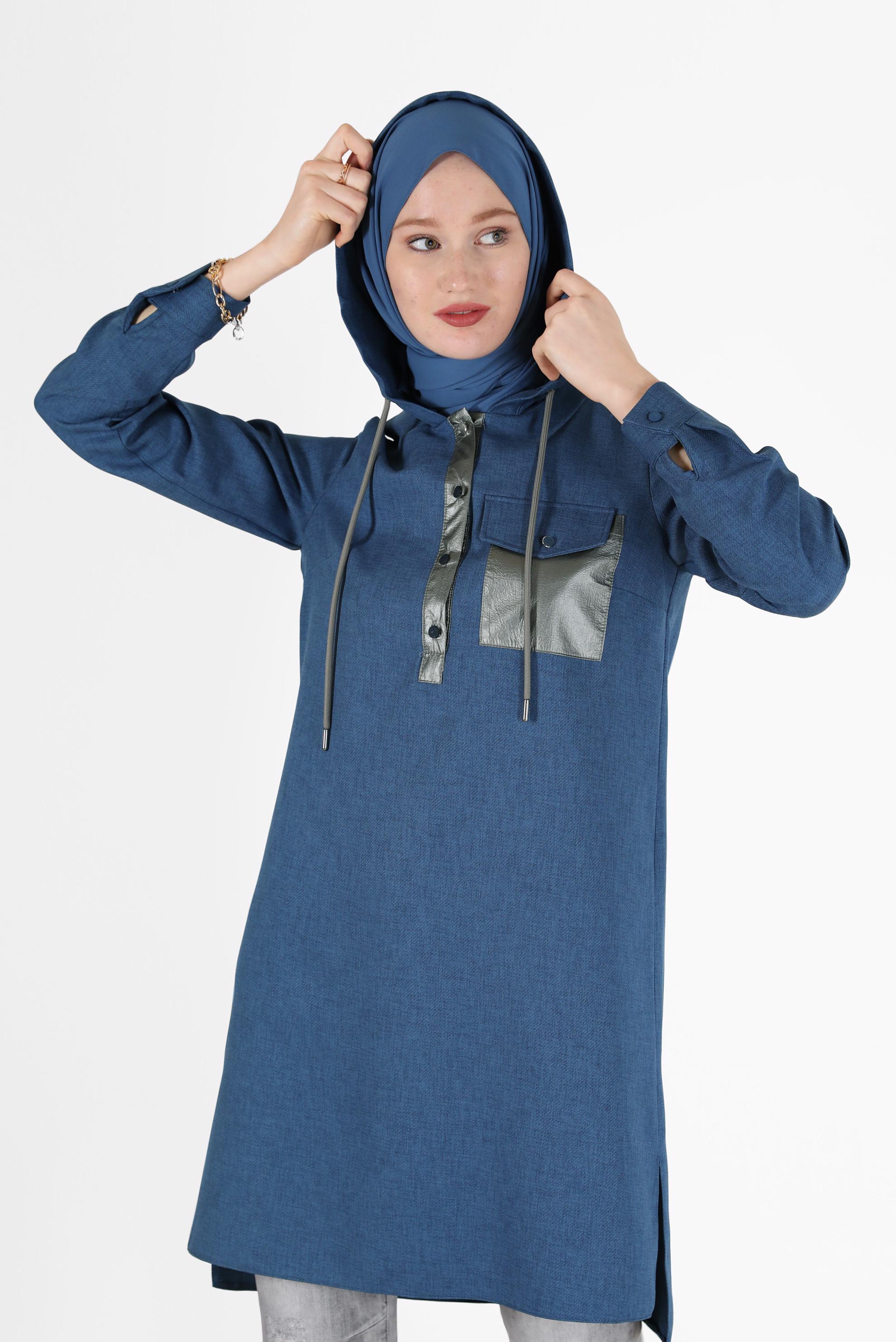 Tesettür giyim LACİVERT CEP DETAYLI KAPÜŞONLU TUNİK 42225 