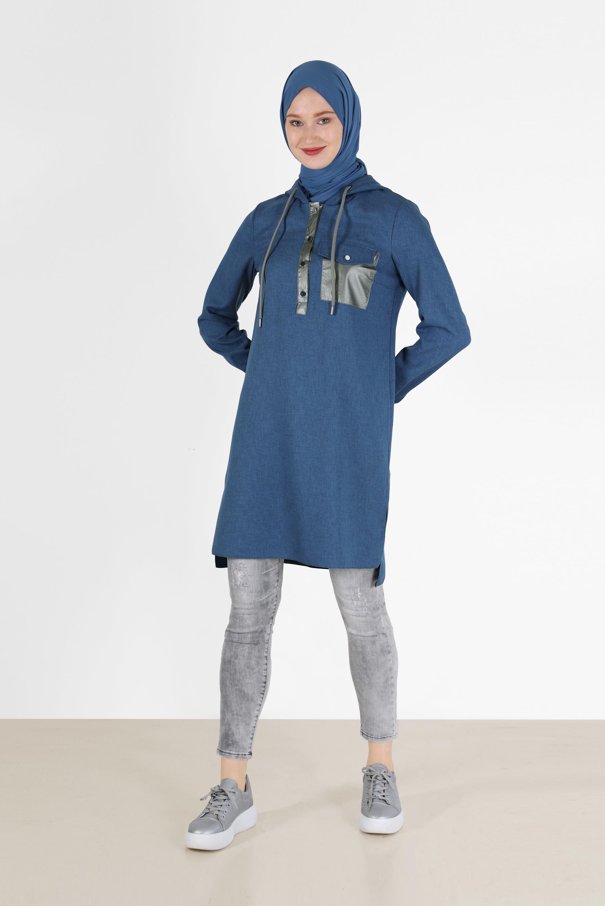 Tesettür giyim LACİVERT CEP DETAYLI KAPÜŞONLU TUNİK 42225 