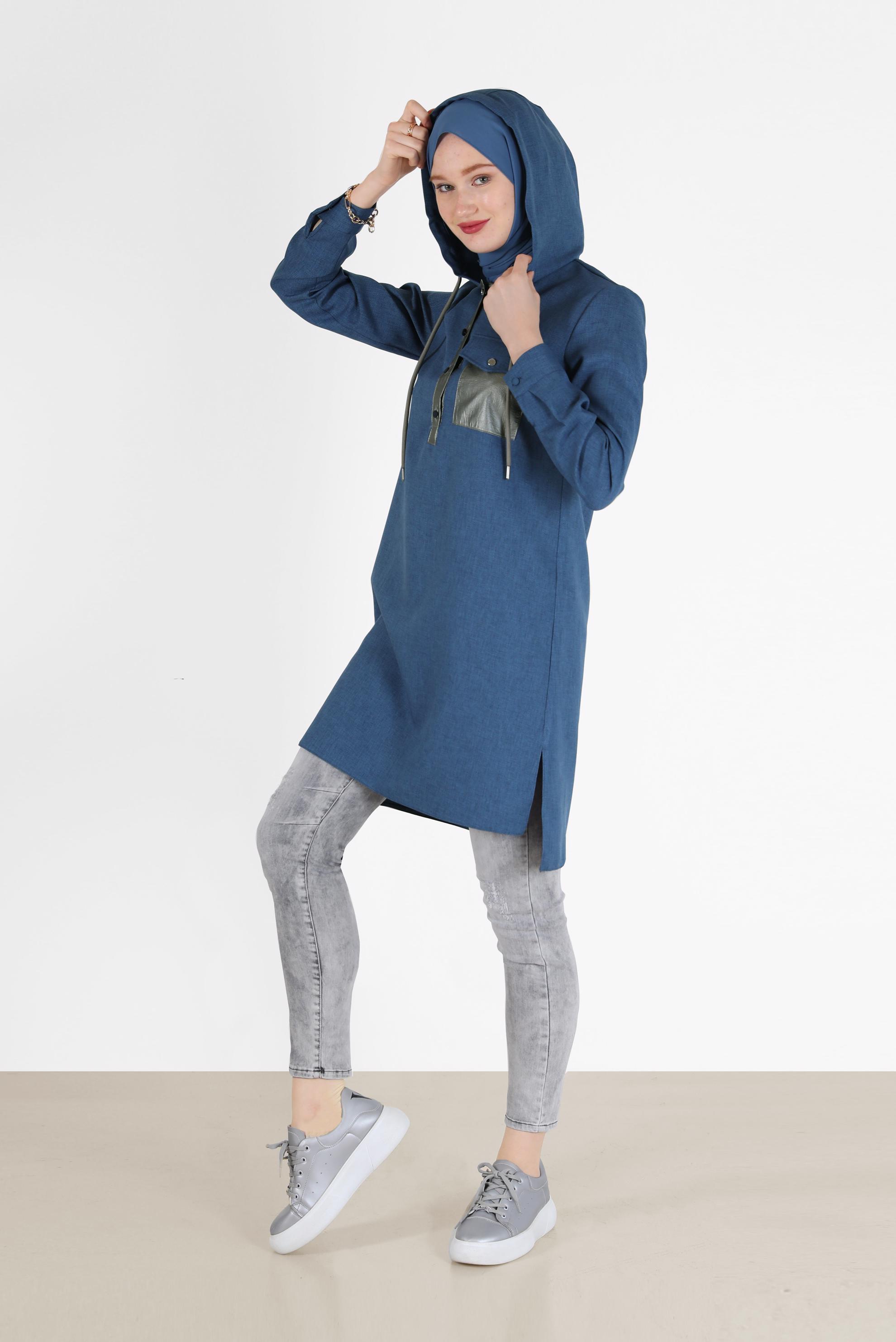 Tesettür giyim LACİVERT CEP DETAYLI KAPÜŞONLU TUNİK 42225 