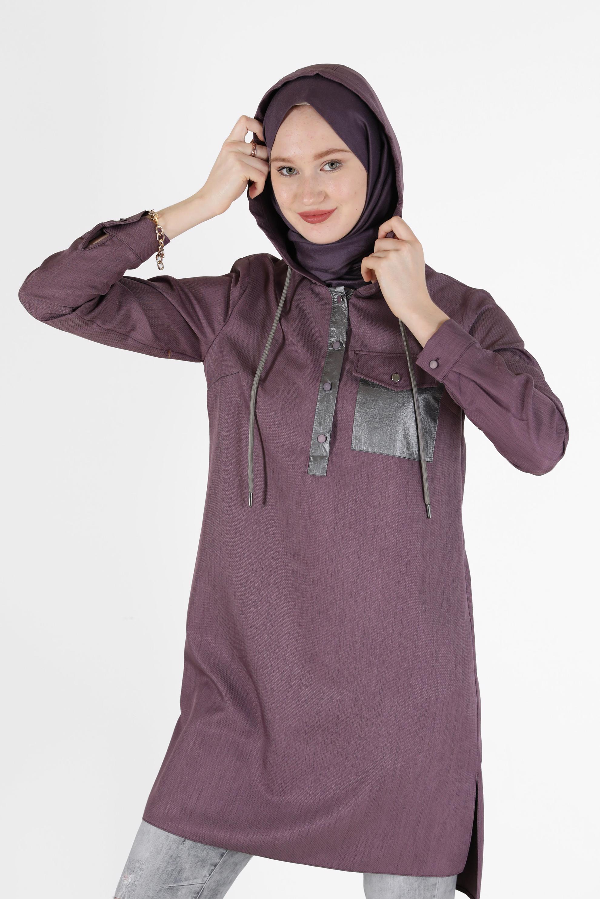 Tesettür giyim MOR CEP DETAYLI KAPÜŞONLU TUNİK 42225 