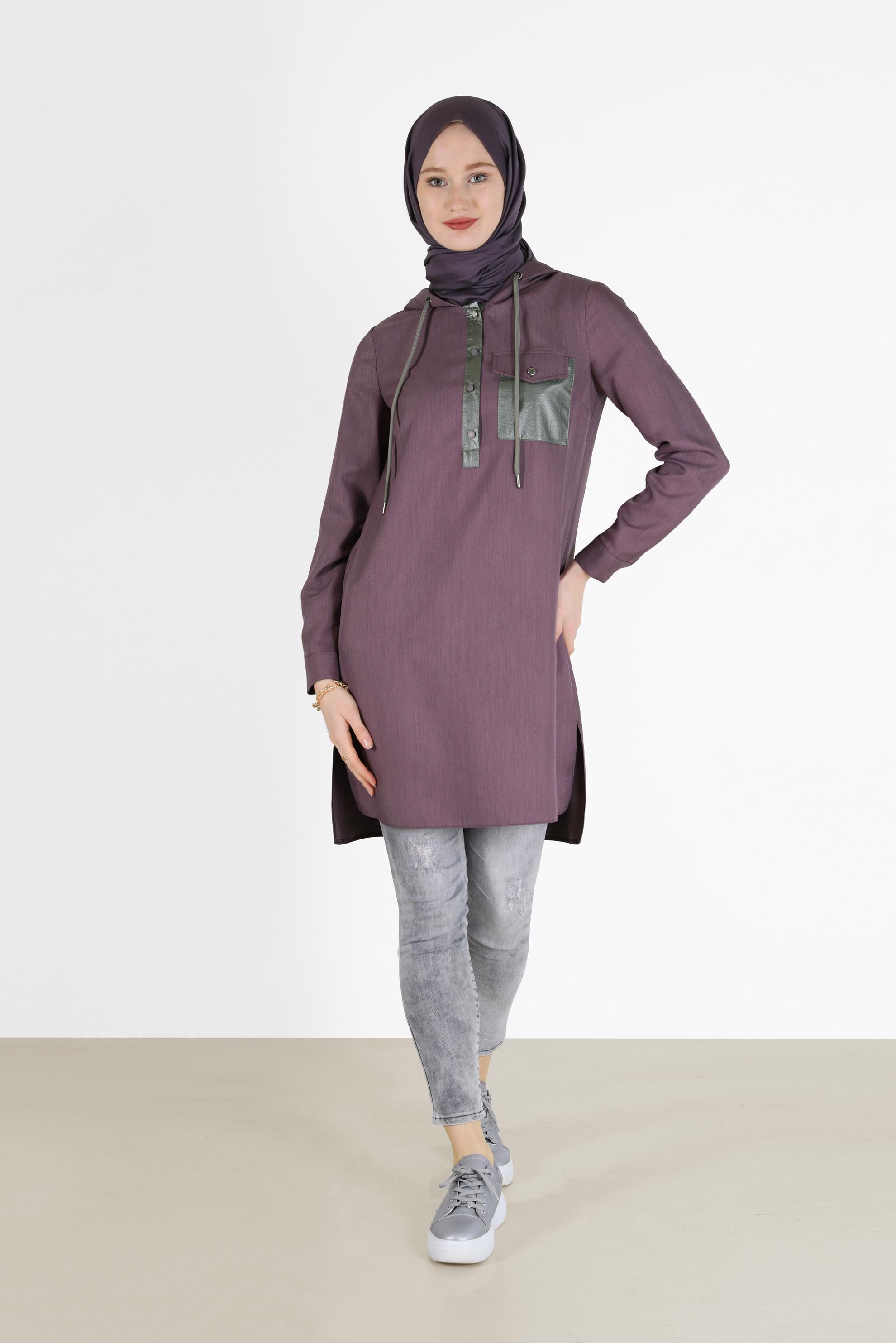 Tesettür giyim MOR CEP DETAYLI KAPÜŞONLU TUNİK 42225 