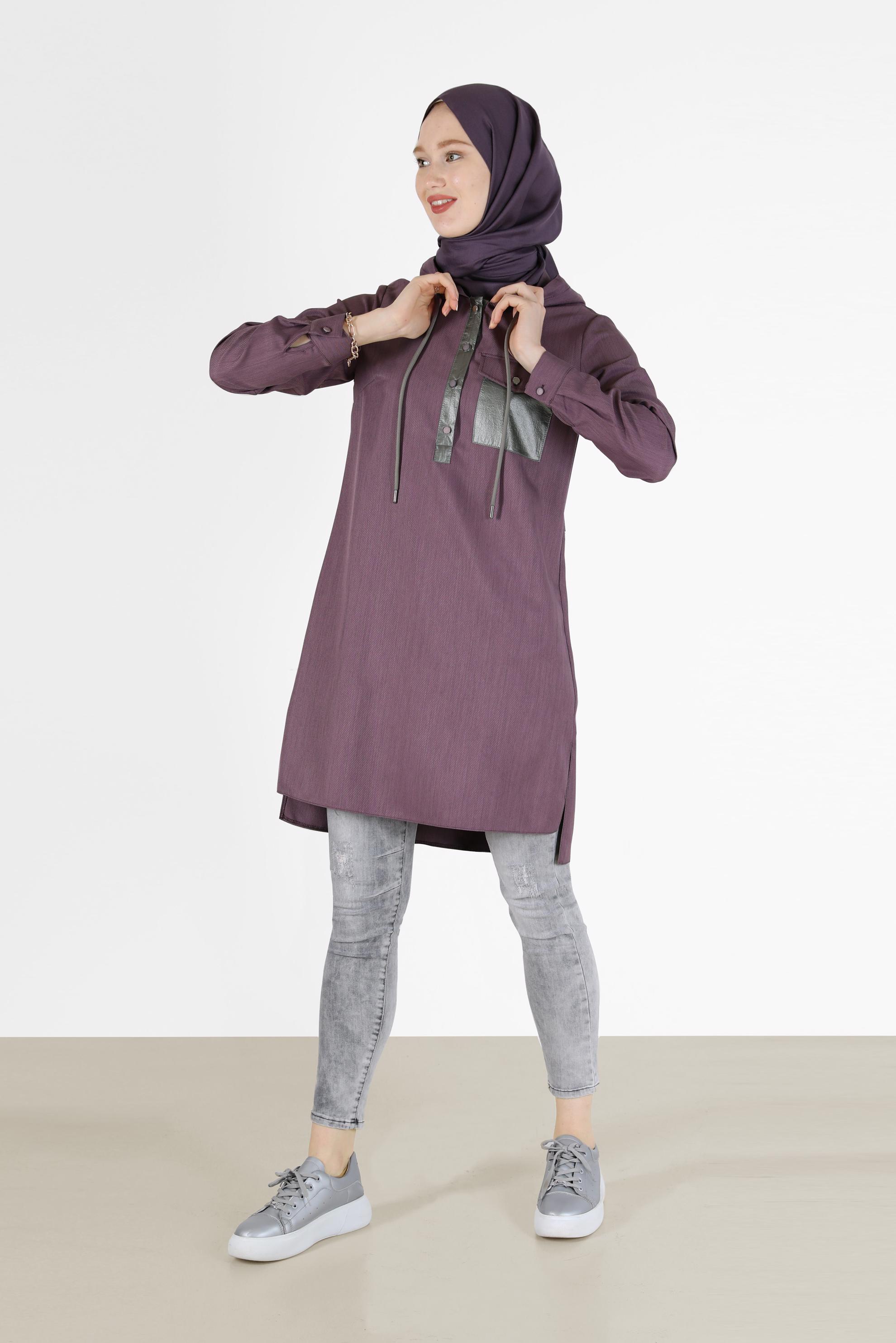 Tesettür giyim MOR CEP DETAYLI KAPÜŞONLU TUNİK 42225 