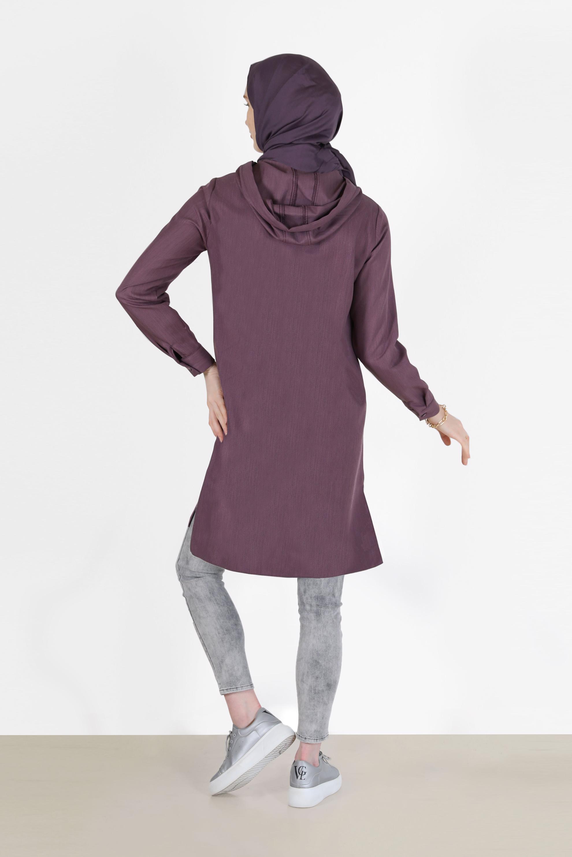 Tesettür giyim MOR CEP DETAYLI KAPÜŞONLU TUNİK 42225 