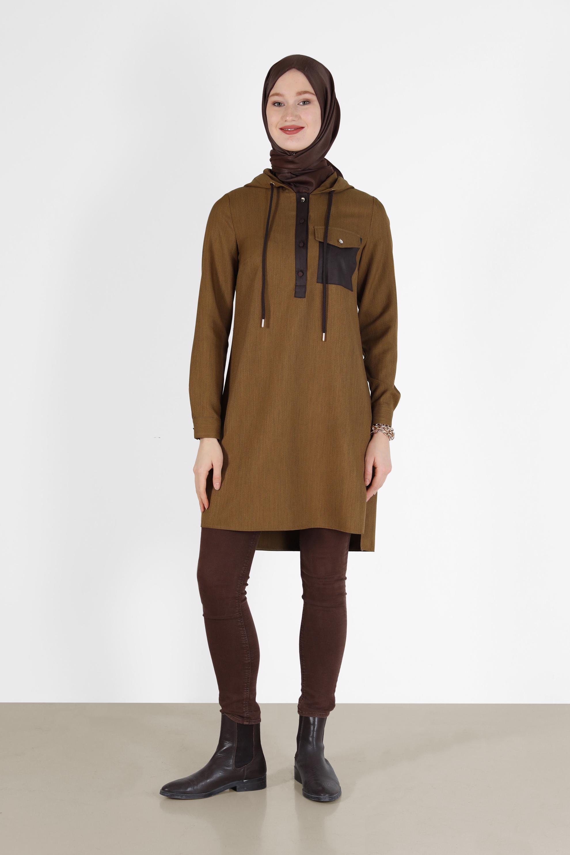 Tesettür giyim KAHVE CEP DETAYLI KAPÜŞONLU TUNİK 42225 