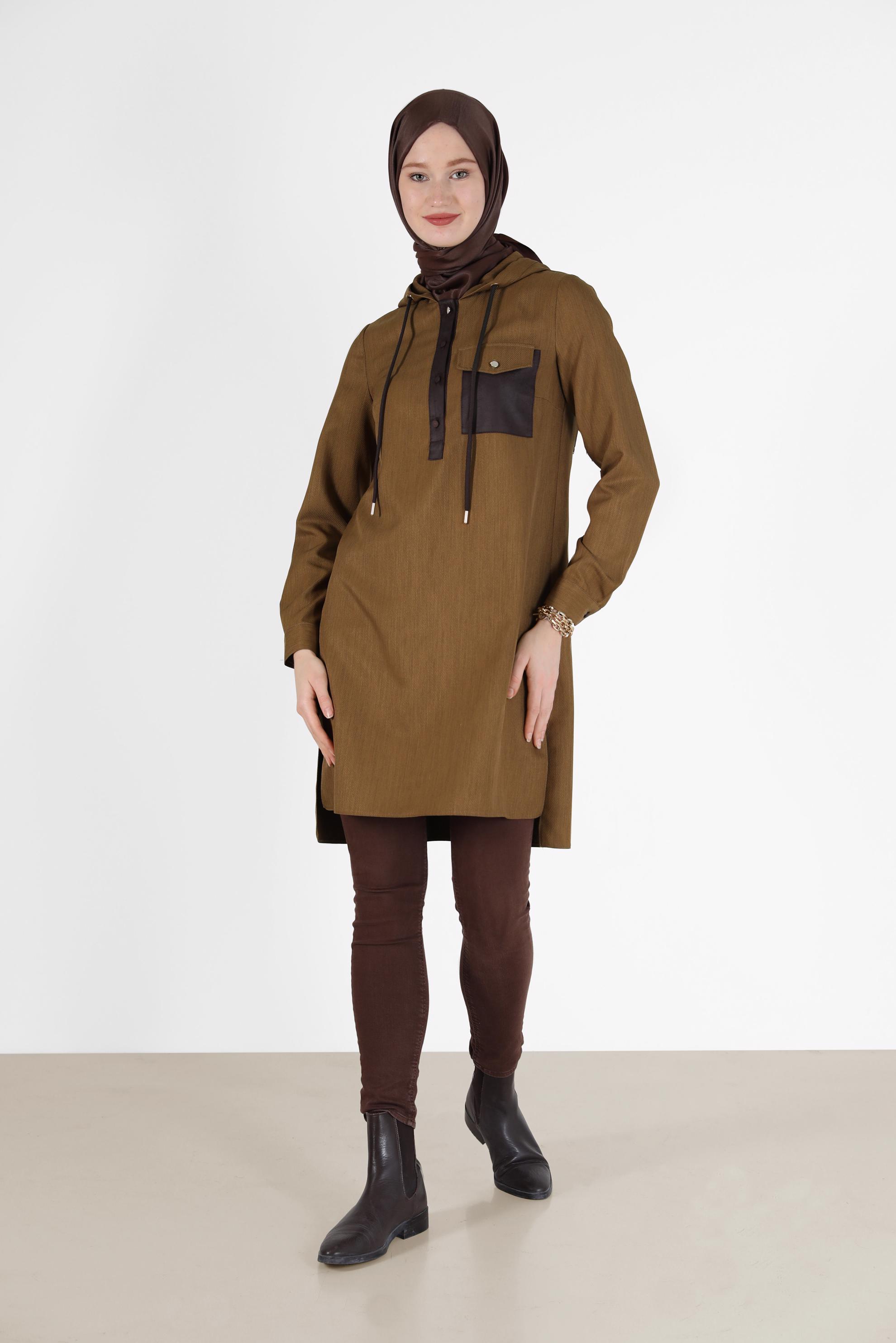 Tesettür giyim KAHVE CEP DETAYLI KAPÜŞONLU TUNİK 42225 