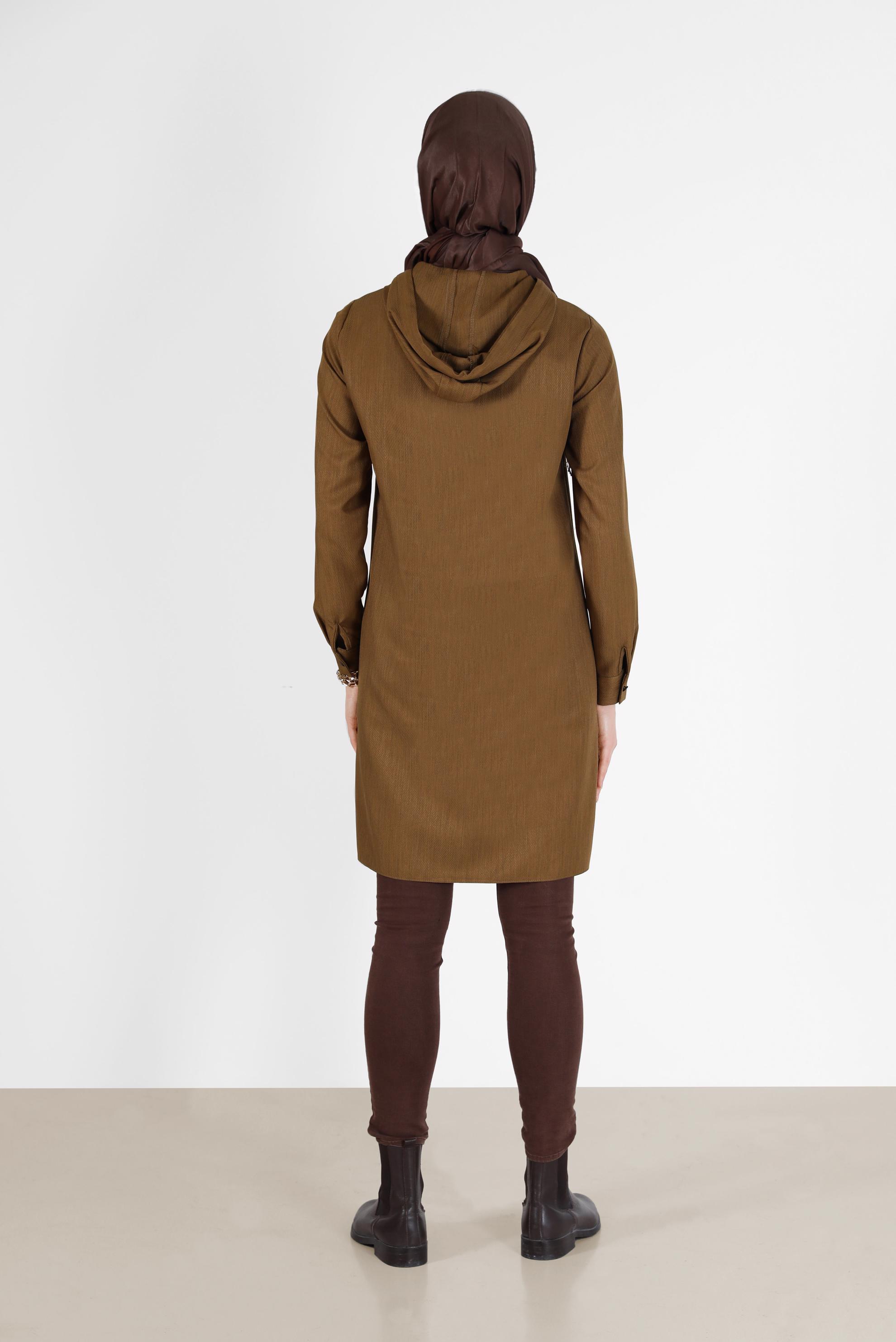 Tesettür giyim KAHVE CEP DETAYLI KAPÜŞONLU TUNİK 42225 