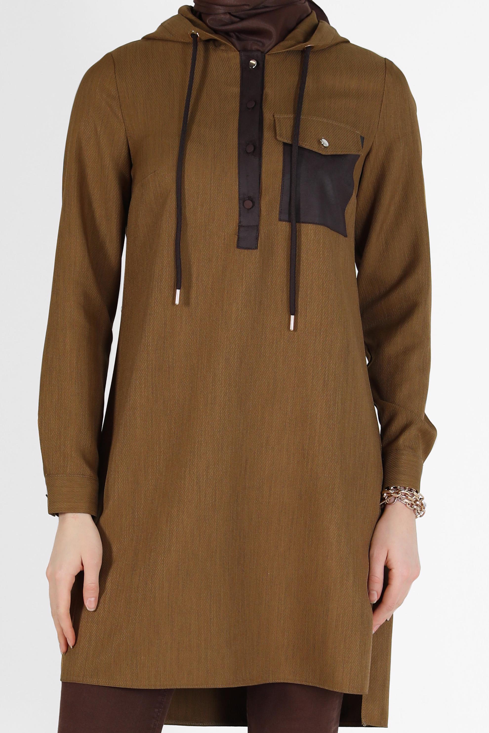 Tesettür giyim KAHVE CEP DETAYLI KAPÜŞONLU TUNİK 42225 