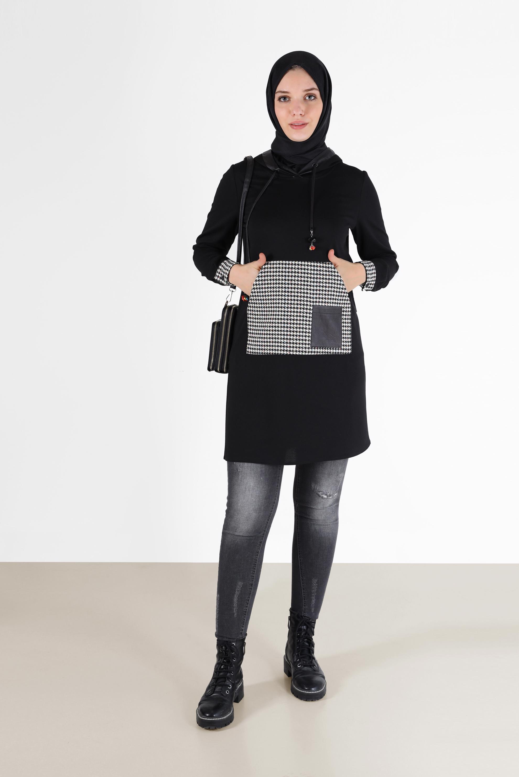 Tesettür giyim SİYAH KAZAYAĞI DESEN DETAYLI TUNİK 42226	