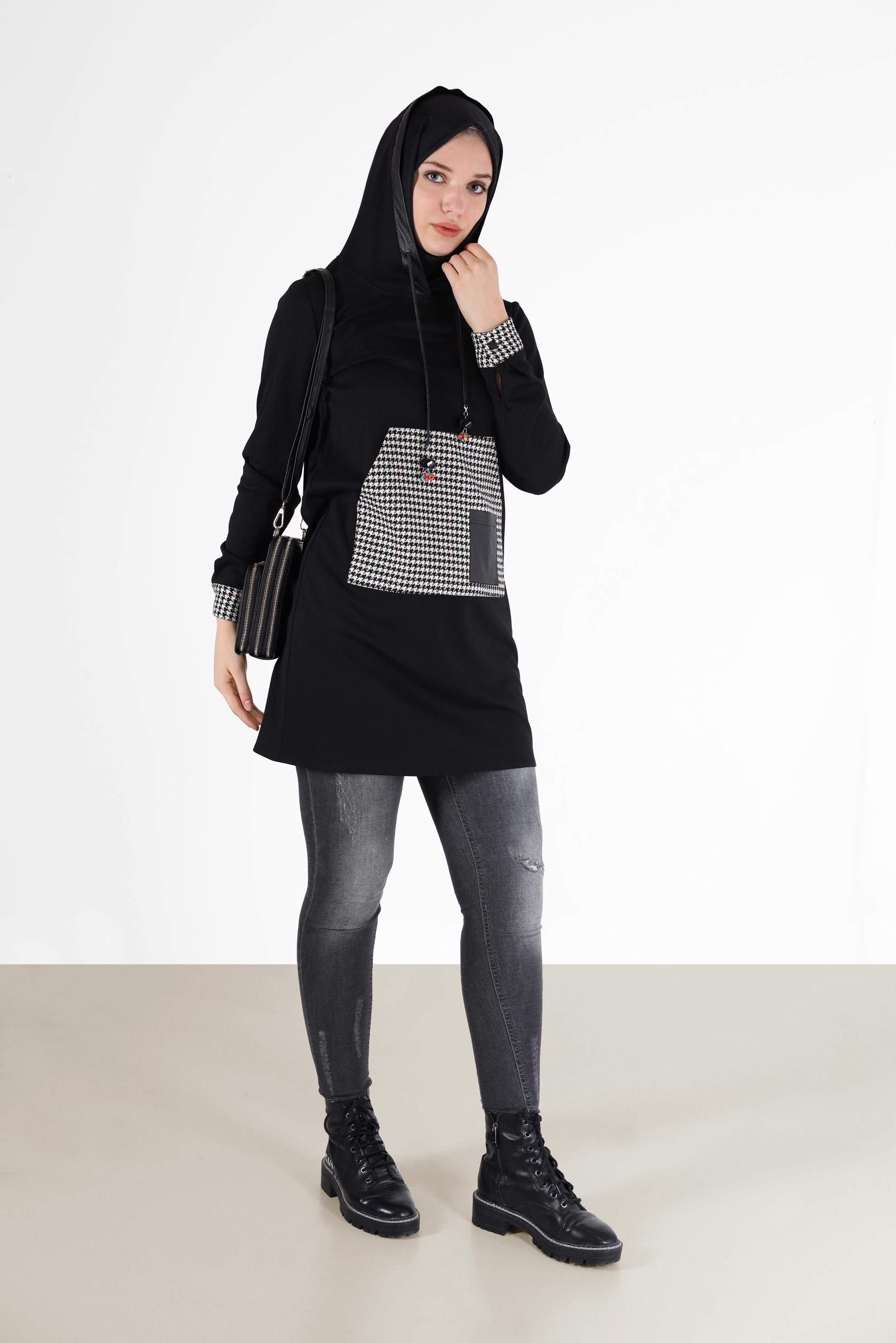 Tesettür giyim SİYAH KAZAYAĞI DESEN DETAYLI TUNİK 42226	