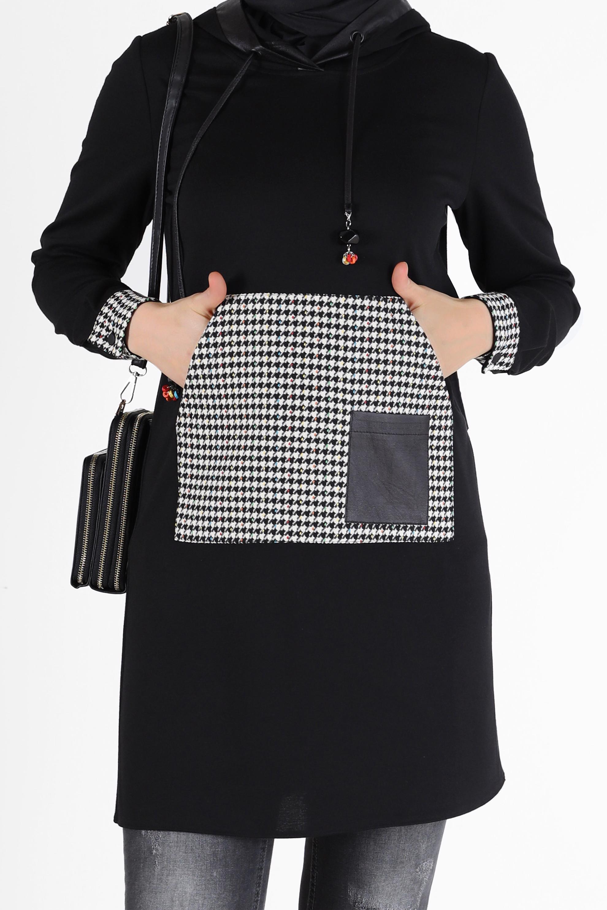 Tesettür giyim SİYAH KAZAYAĞI DESEN DETAYLI TUNİK 42226	