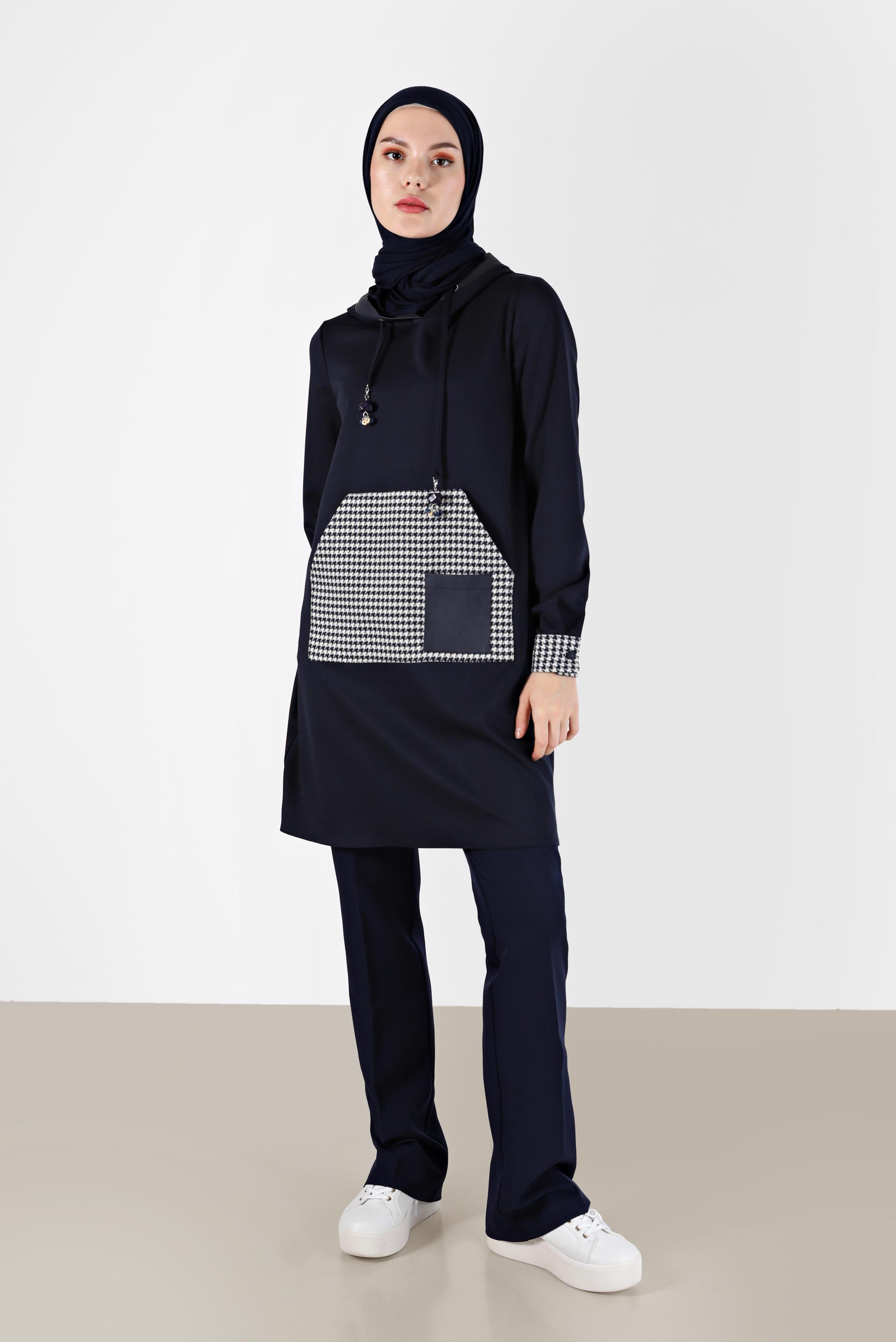 Tesettür giyim LACİVERT KAZAYAĞI DESEN DETAYLI TUNİK 42226	