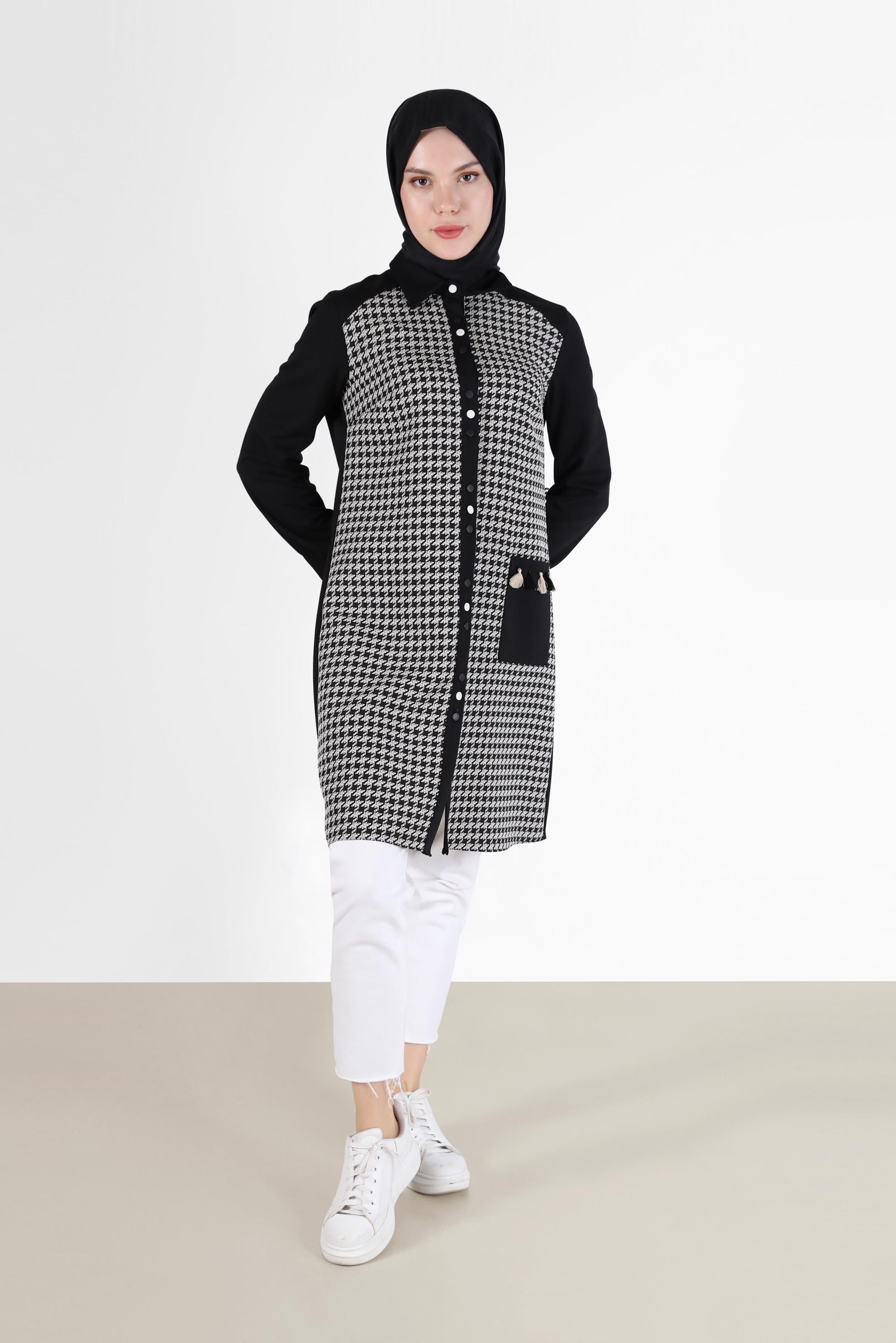 Tesettür giyim SİYAH KAZAYAĞI DESEN DETAYLI TUNİK 42230-1 