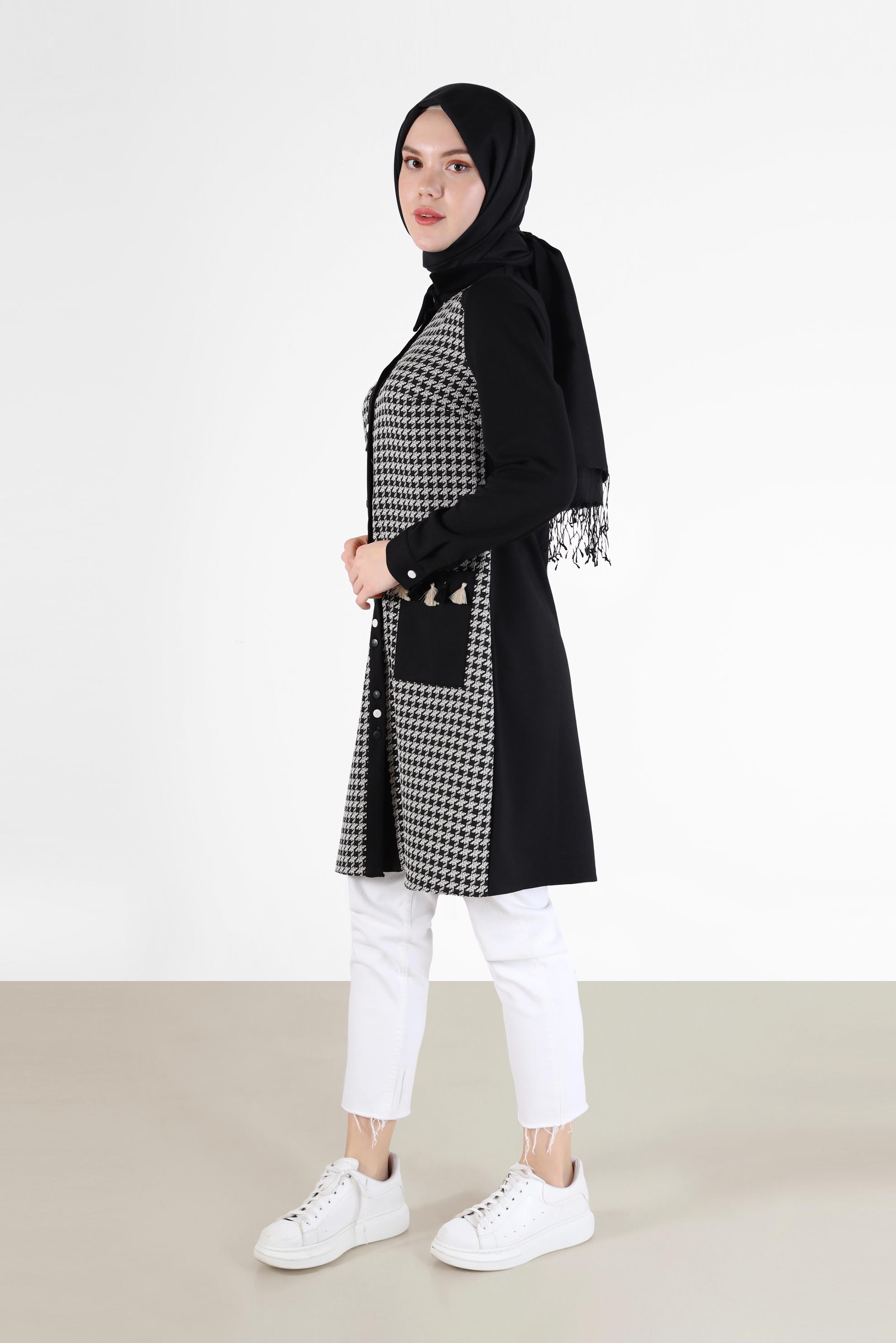 Tesettür giyim SİYAH KAZAYAĞI DESEN DETAYLI TUNİK 42230-1 