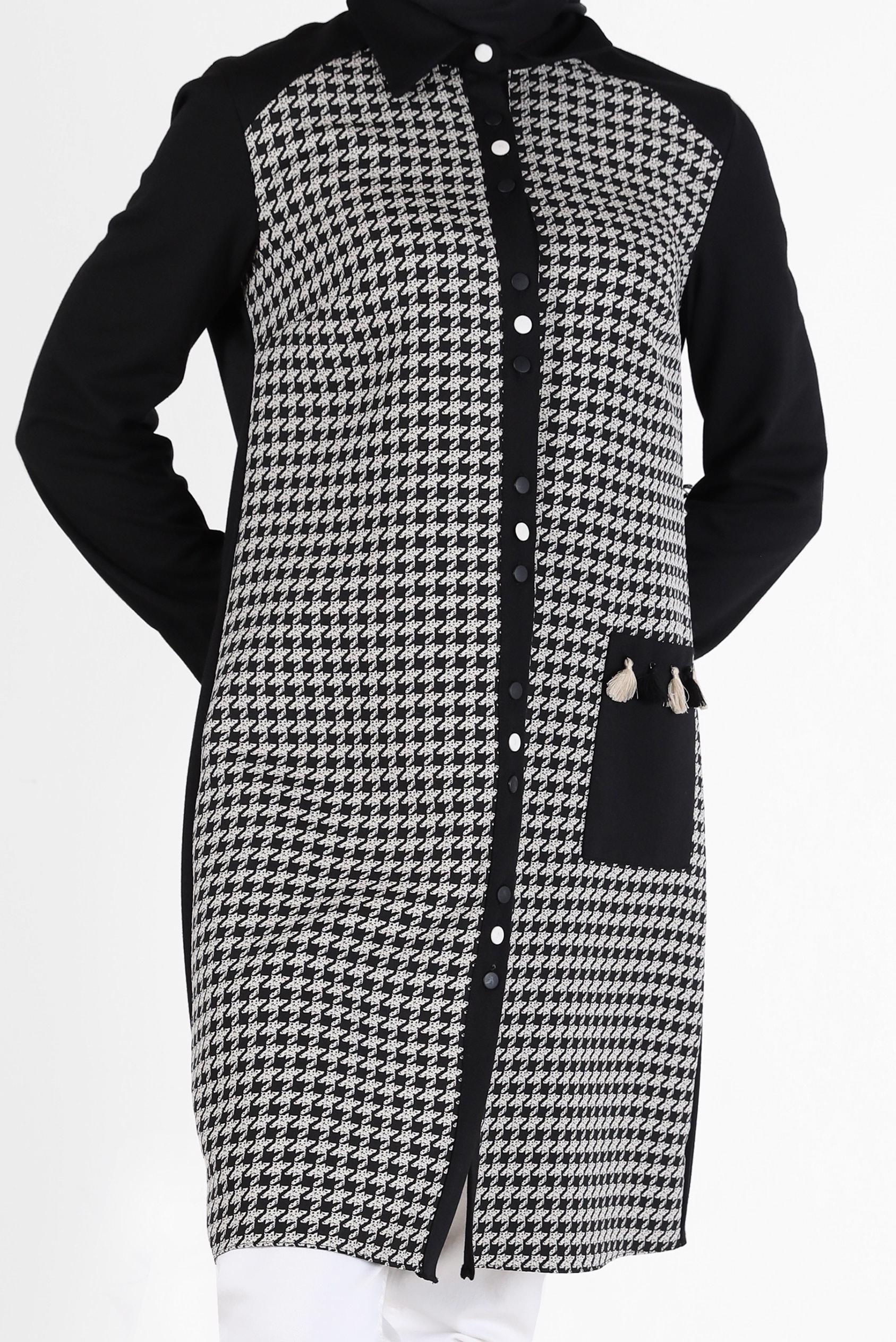 Tesettür giyim SİYAH KAZAYAĞI DESEN DETAYLI TUNİK 42230-1 