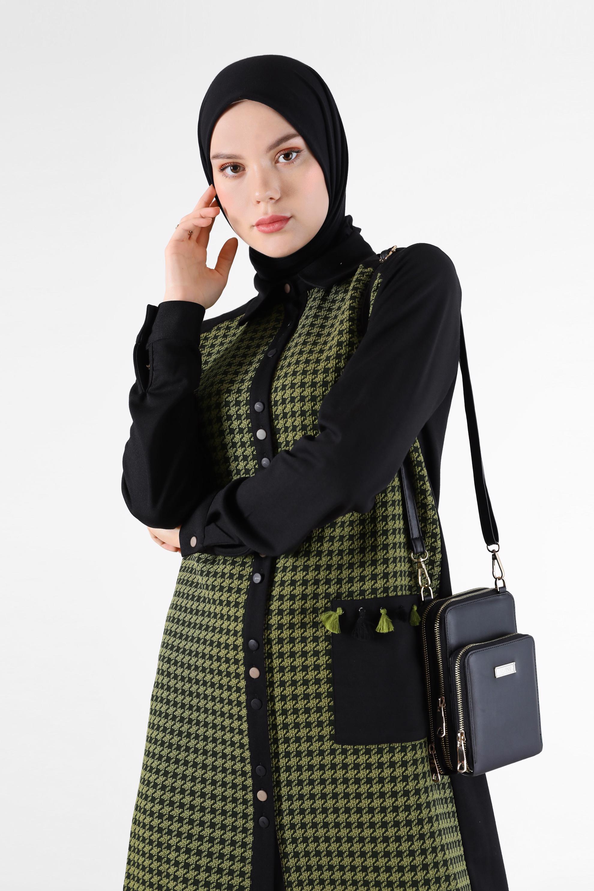 Tesettür giyim YEŞİL KAZAYAĞI DESEN DETAYLI TUNİK 42230-1 