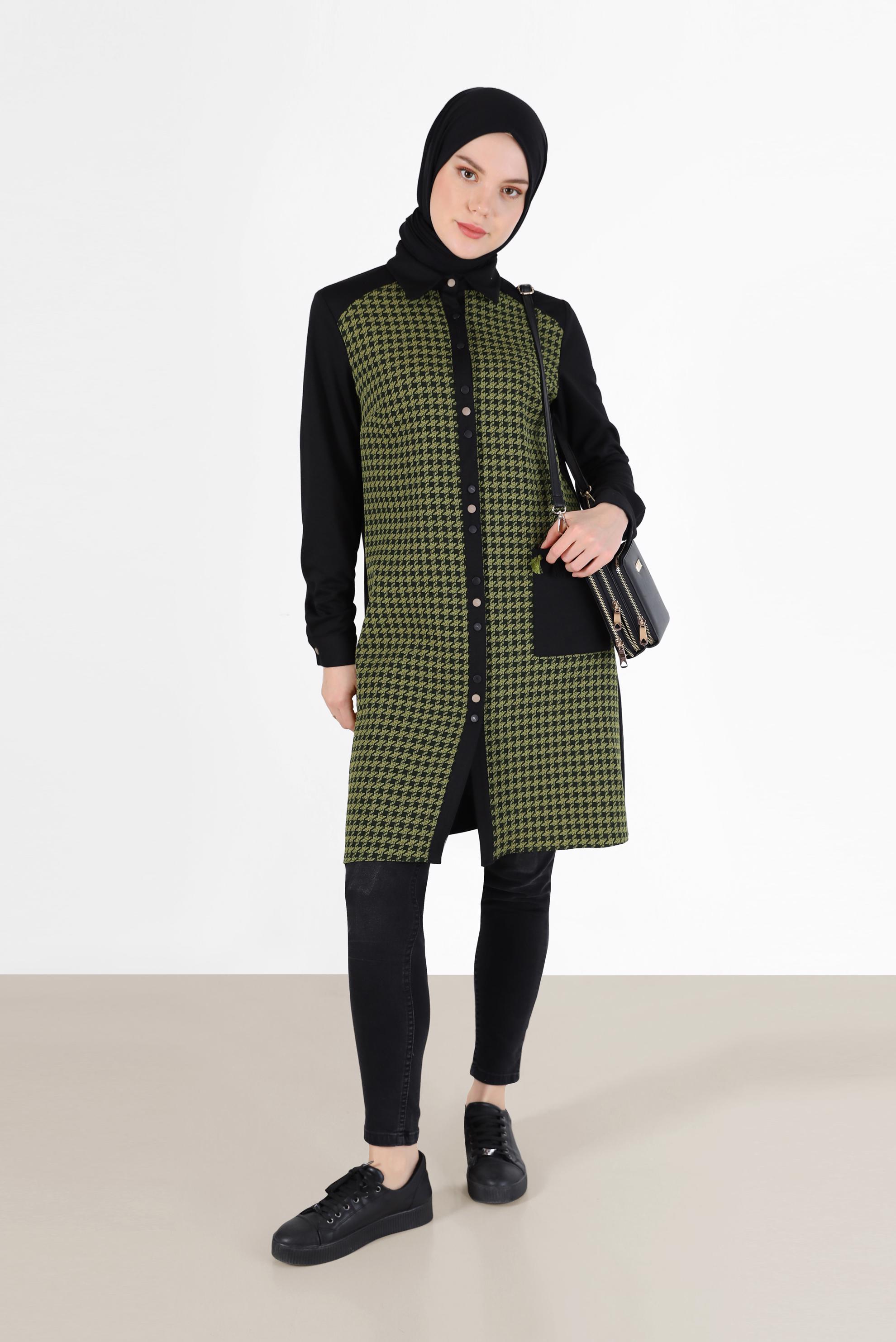 Tesettür giyim YEŞİL KAZAYAĞI DESEN DETAYLI TUNİK 42230-1 