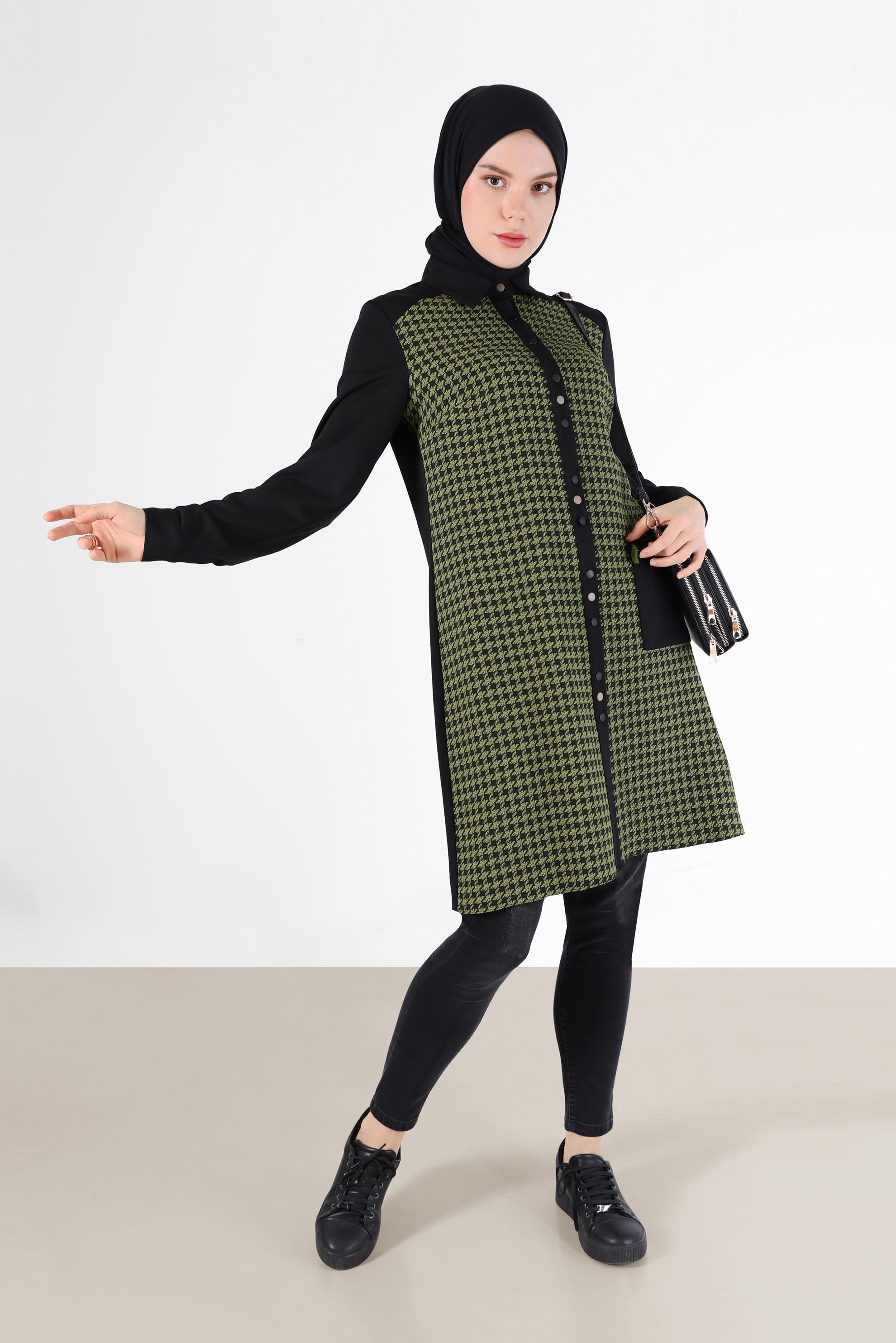 Tesettür giyim YEŞİL KAZAYAĞI DESEN DETAYLI TUNİK 42230-1 