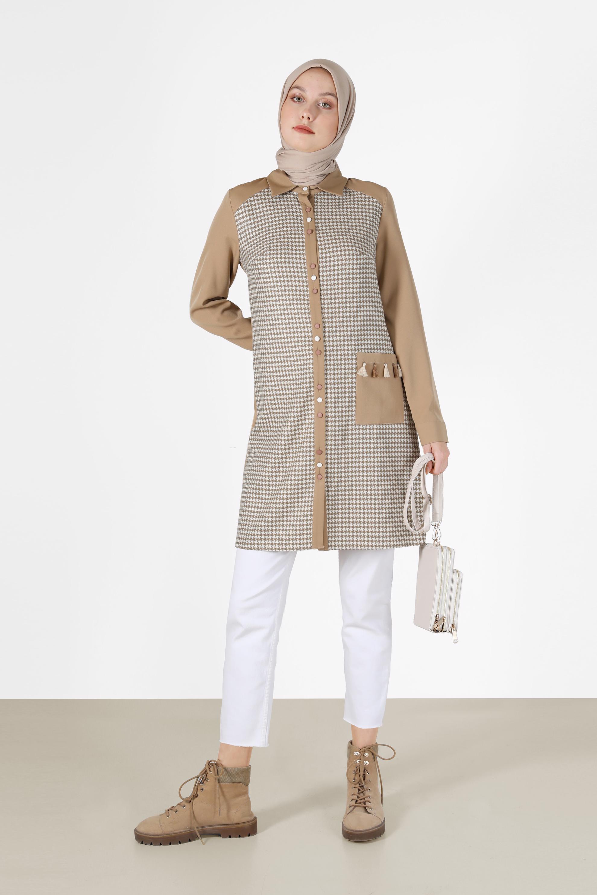 Tesettür giyim KUM KAZAYAĞI DESENLİ PÜSKÜL DETAYLI TUNİK 42230 