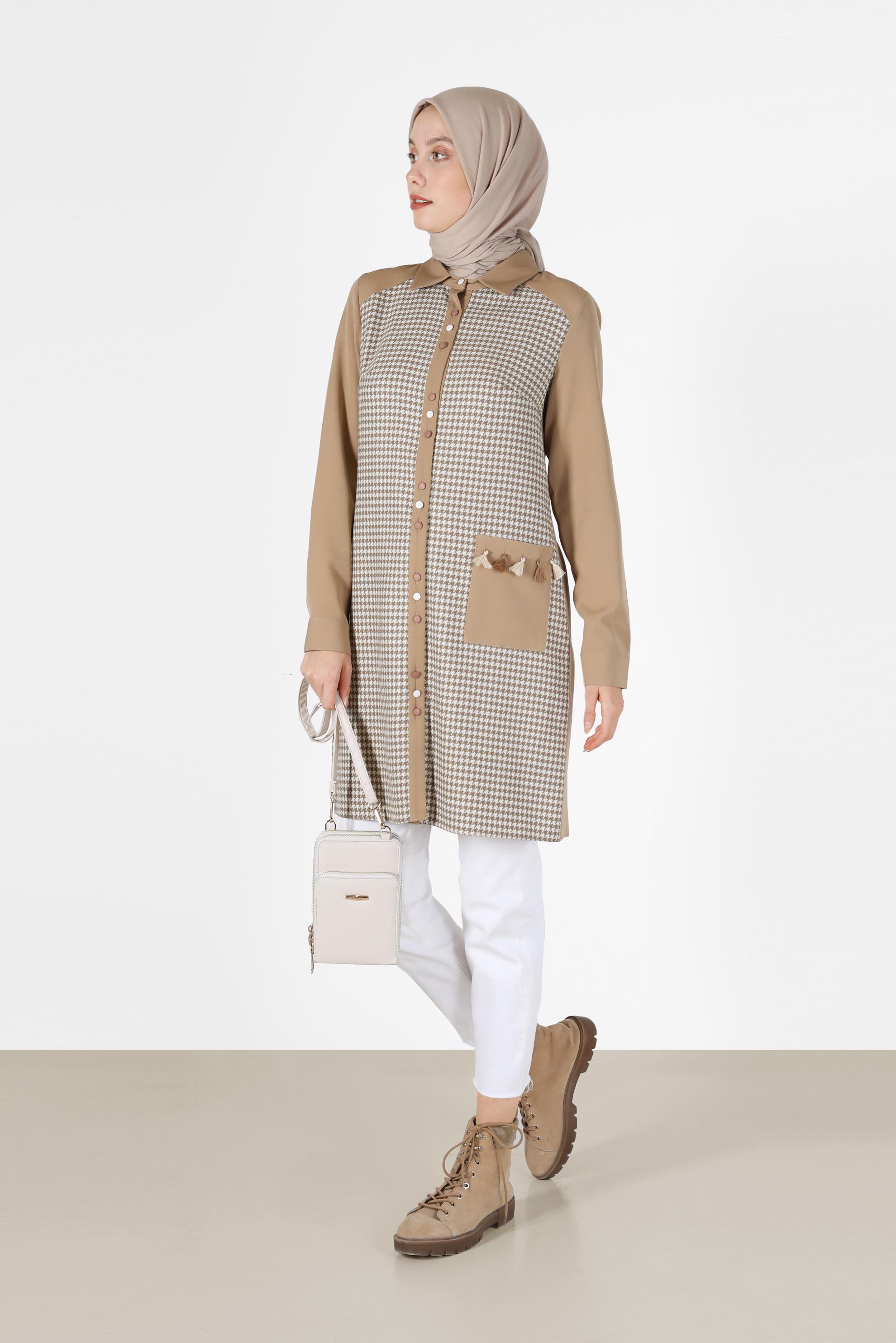 Tesettür giyim KUM KAZAYAĞI DESENLİ PÜSKÜL DETAYLI TUNİK 42230 