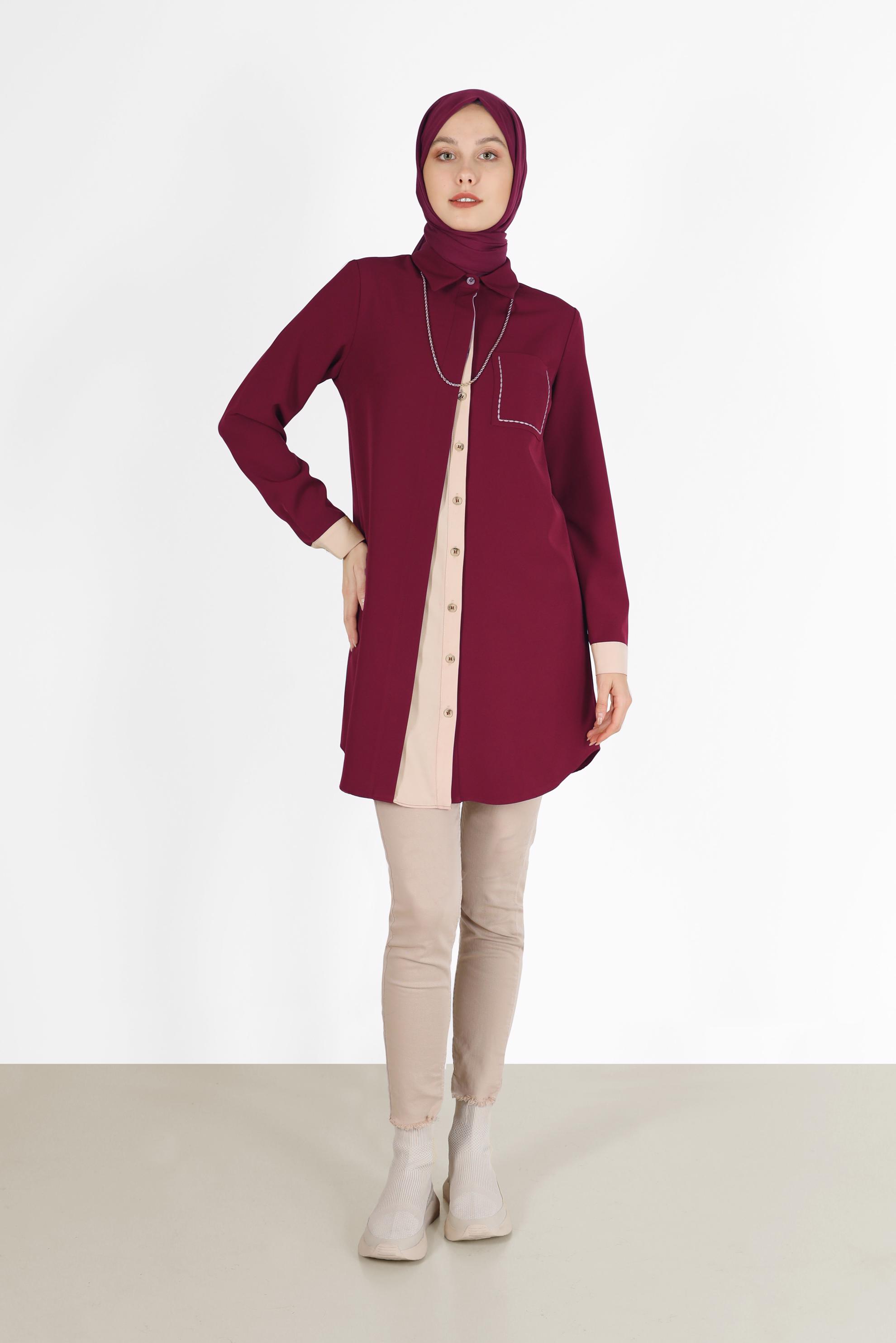 Vêtements hijab ROUGE BORDEAUX TUNIQUE DÉTAILLÉE À POCHES BICOLORE 42232
