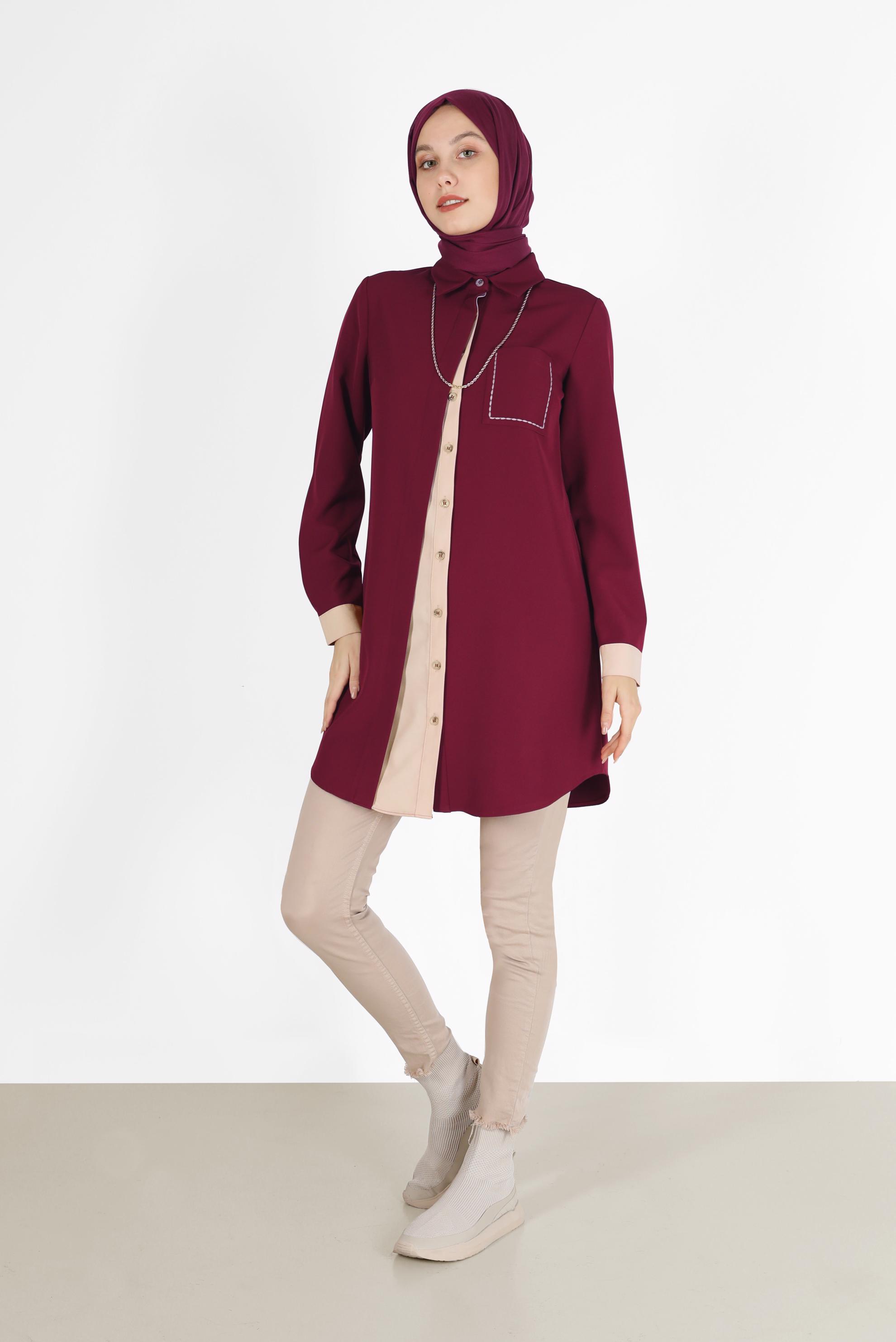 Vêtements hijab ROUGE BORDEAUX TUNIQUE DÉTAILLÉE À POCHES BICOLORE 42232