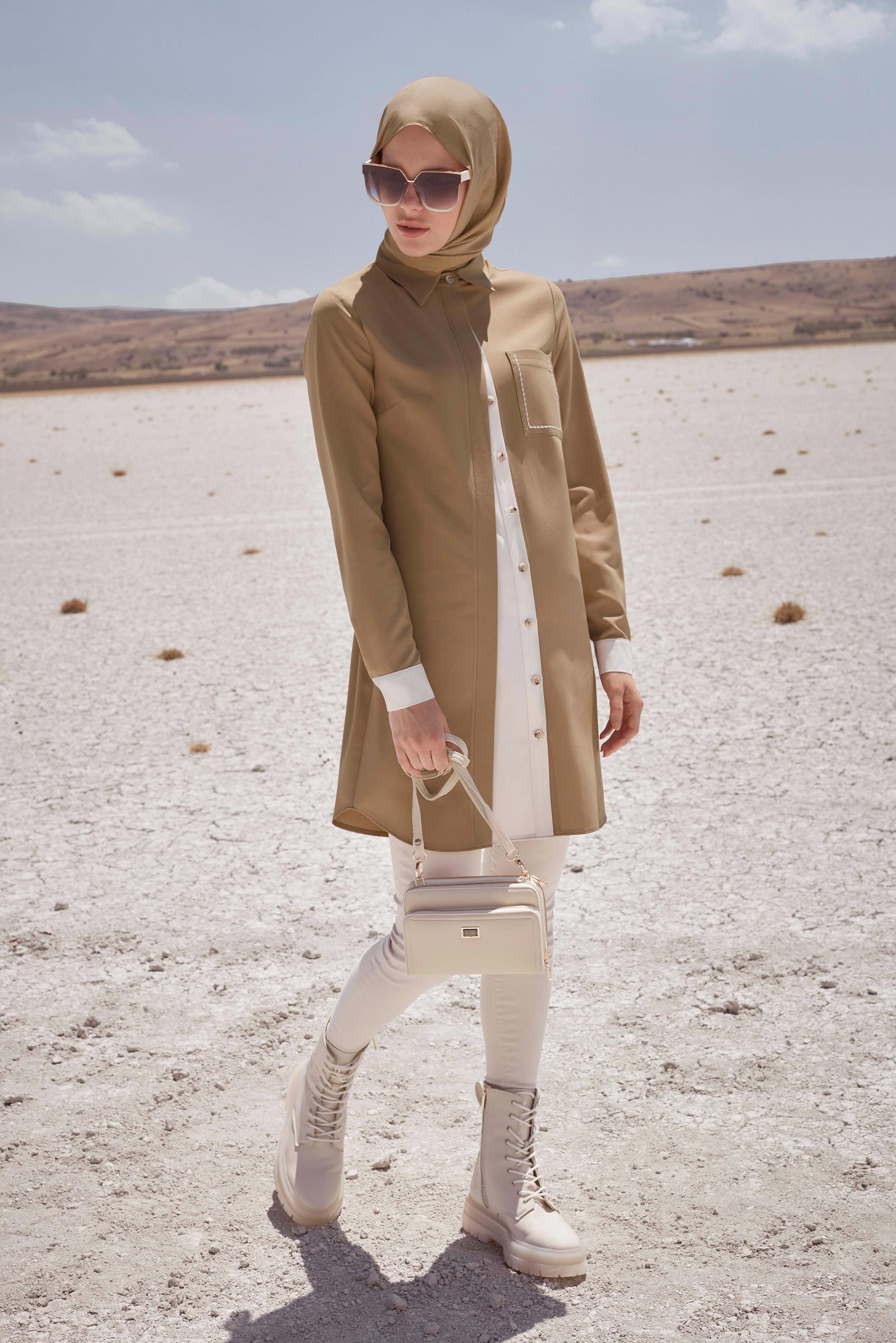 Tesettür giyim KAHVE İKİ RENKLİ CEP DETAYLI TUNİK 42232 