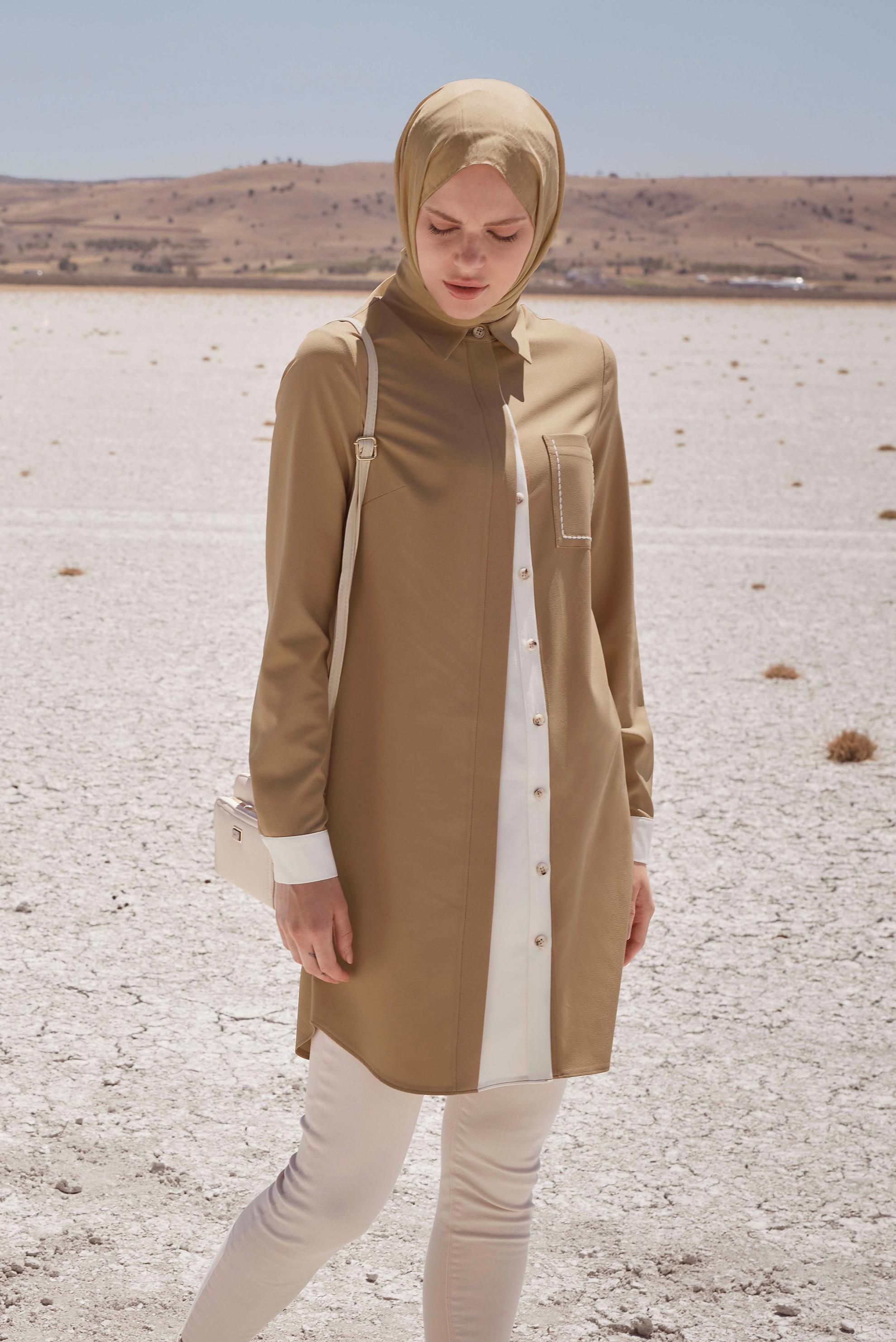 Tesettür giyim KAHVE İKİ RENKLİ CEP DETAYLI TUNİK 42232 