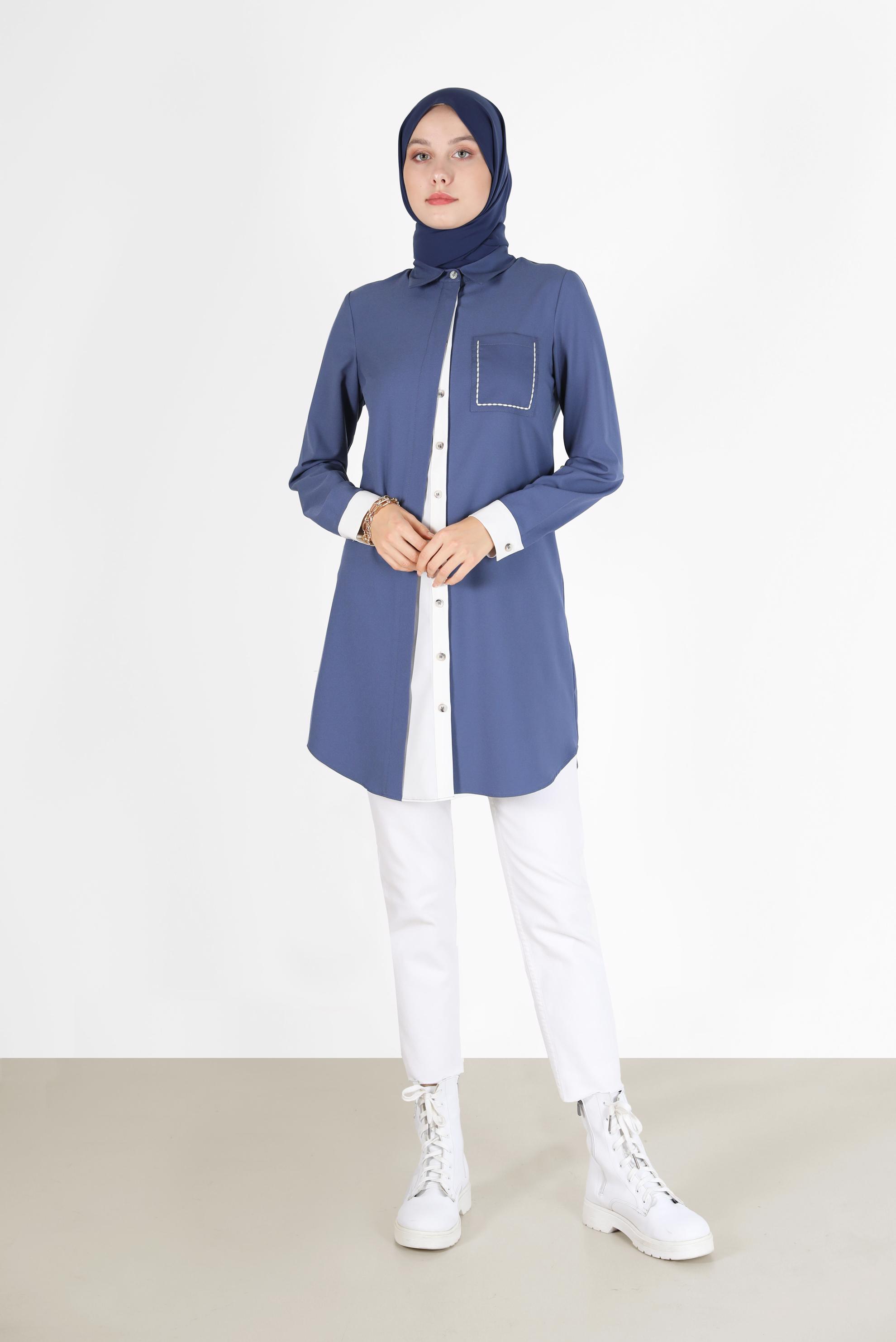 Tesettür giyim MAVİ İKİ RENKLİ CEP DETAYLI TUNİK 42232 