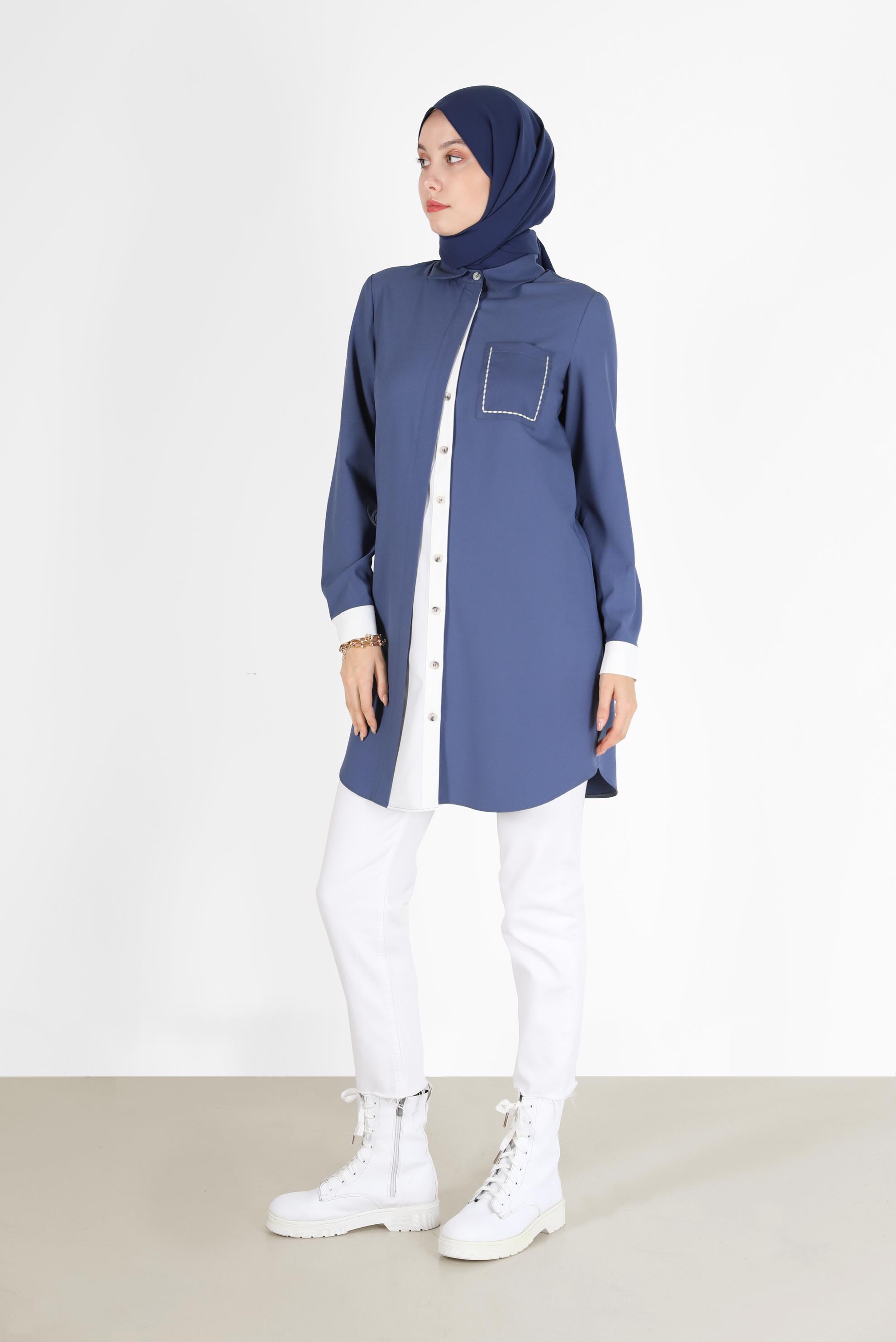 Tesettür giyim MAVİ İKİ RENKLİ CEP DETAYLI TUNİK 42232 