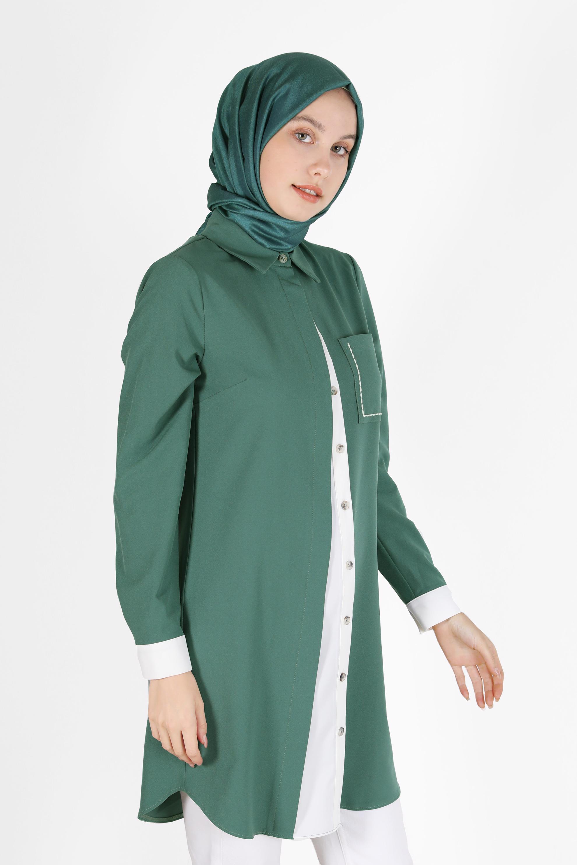 Vêtements hijab VERT TUNIQUE DÉTAILLÉE À POCHES BICOLORE 42232