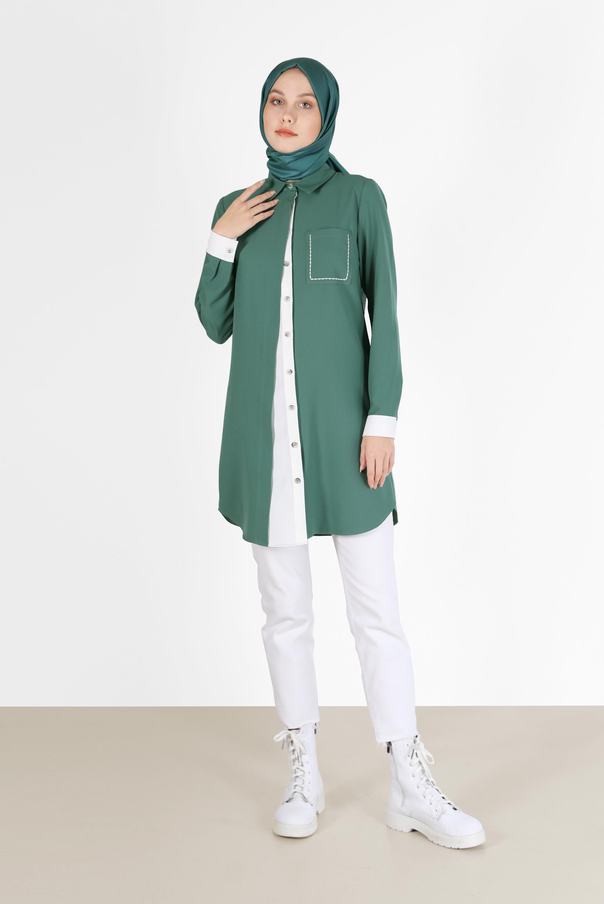 Vêtements hijab VERT TUNIQUE DÉTAILLÉE À POCHES BICOLORE 42232
