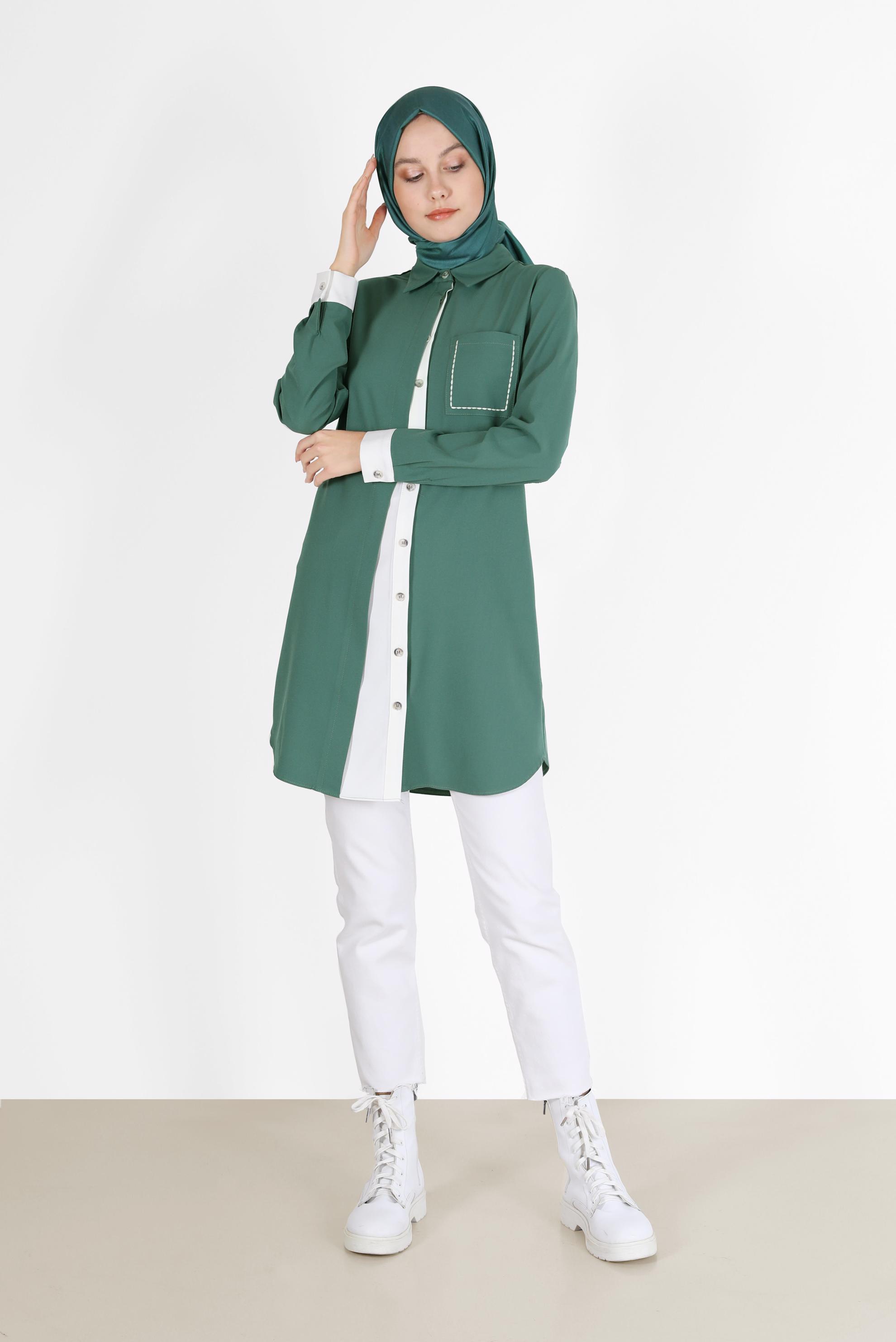 Vêtements hijab VERT TUNIQUE DÉTAILLÉE À POCHES BICOLORE 42232