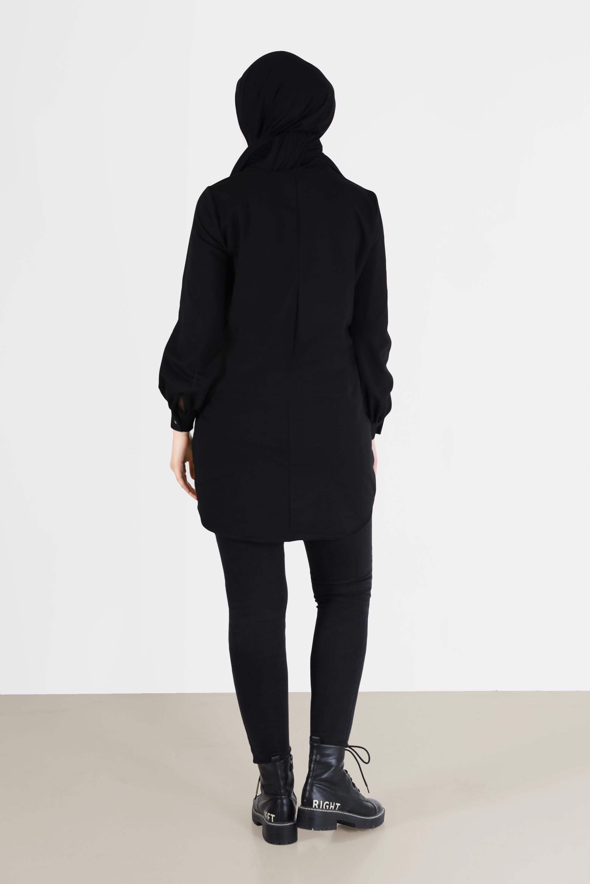 Tesettür giyim SİYAH FİLE DETAYLI YAZI BASKILI TUNİK 42233 