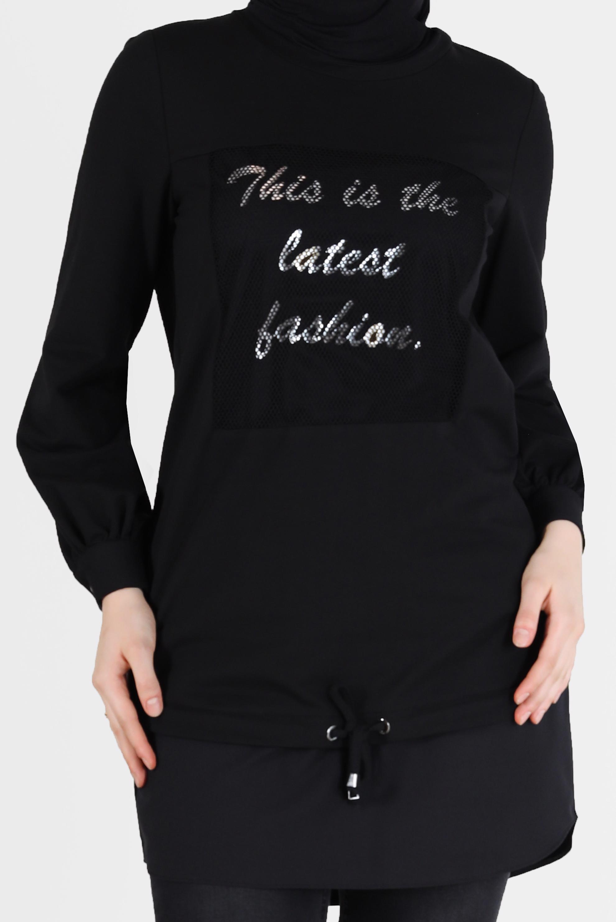 Tesettür giyim SİYAH FİLE DETAYLI YAZI BASKILI TUNİK 42233 